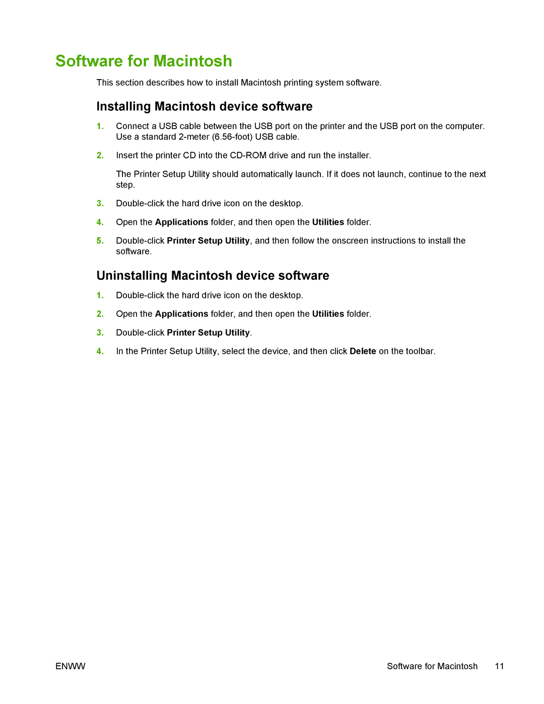 HP M1005 manual Software for Macintosh, Installing Macintosh device software, Uninstalling Macintosh device software 