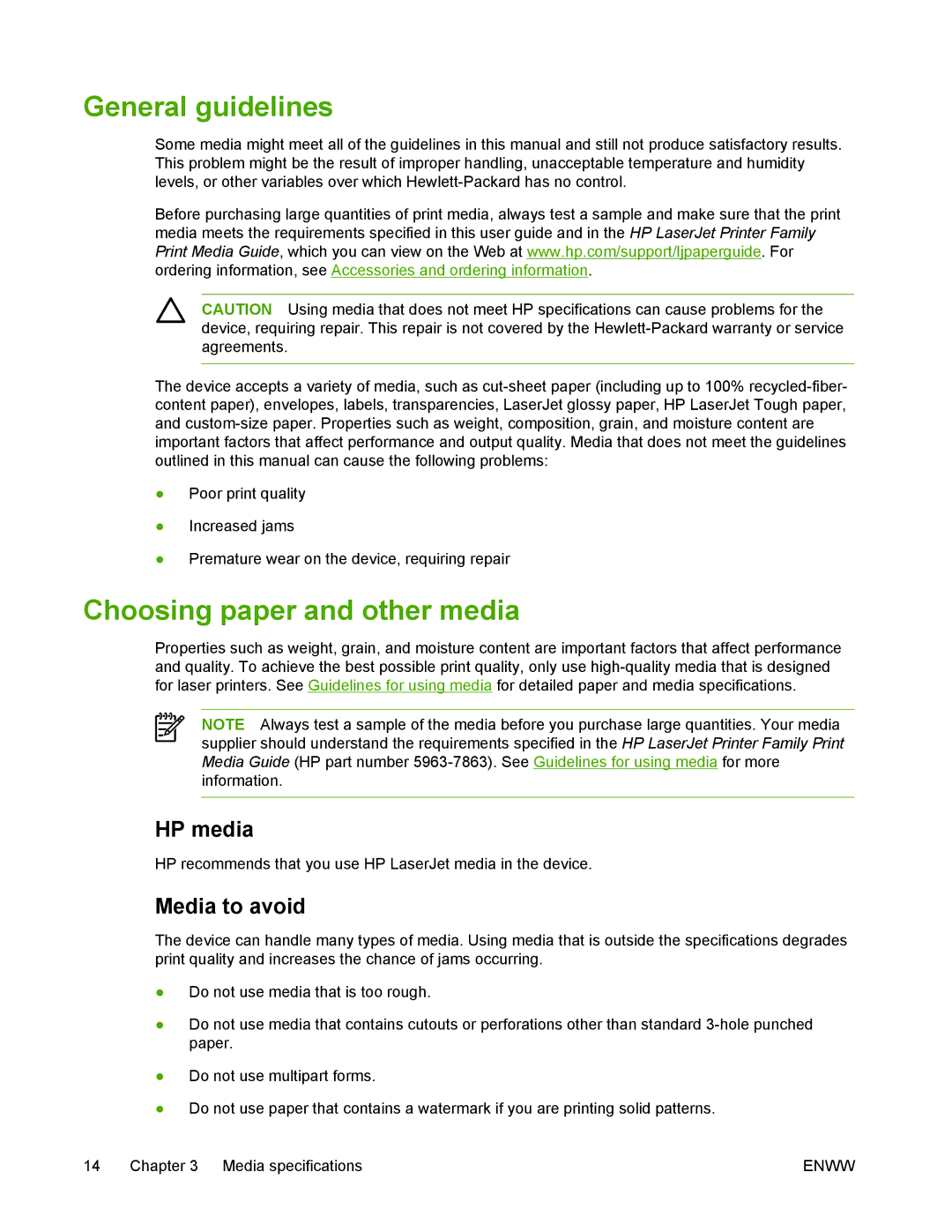 HP M1005 manual General guidelines, Choosing paper and other media, HP media, Media to avoid 