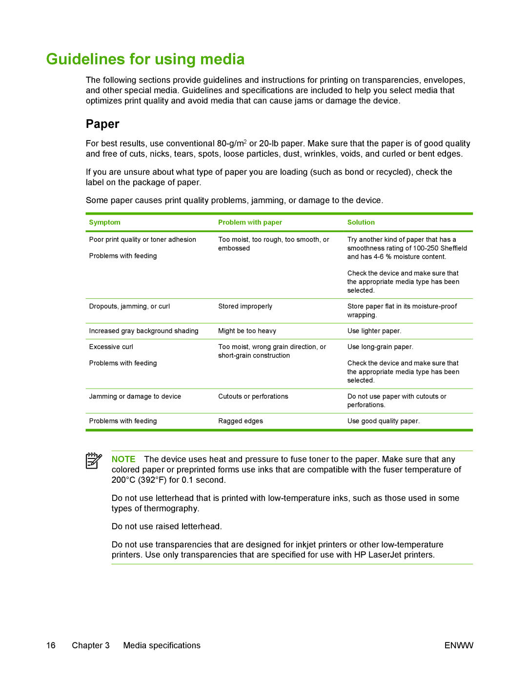 HP M1005 manual Guidelines for using media, Paper, Symptom Problem with paper 