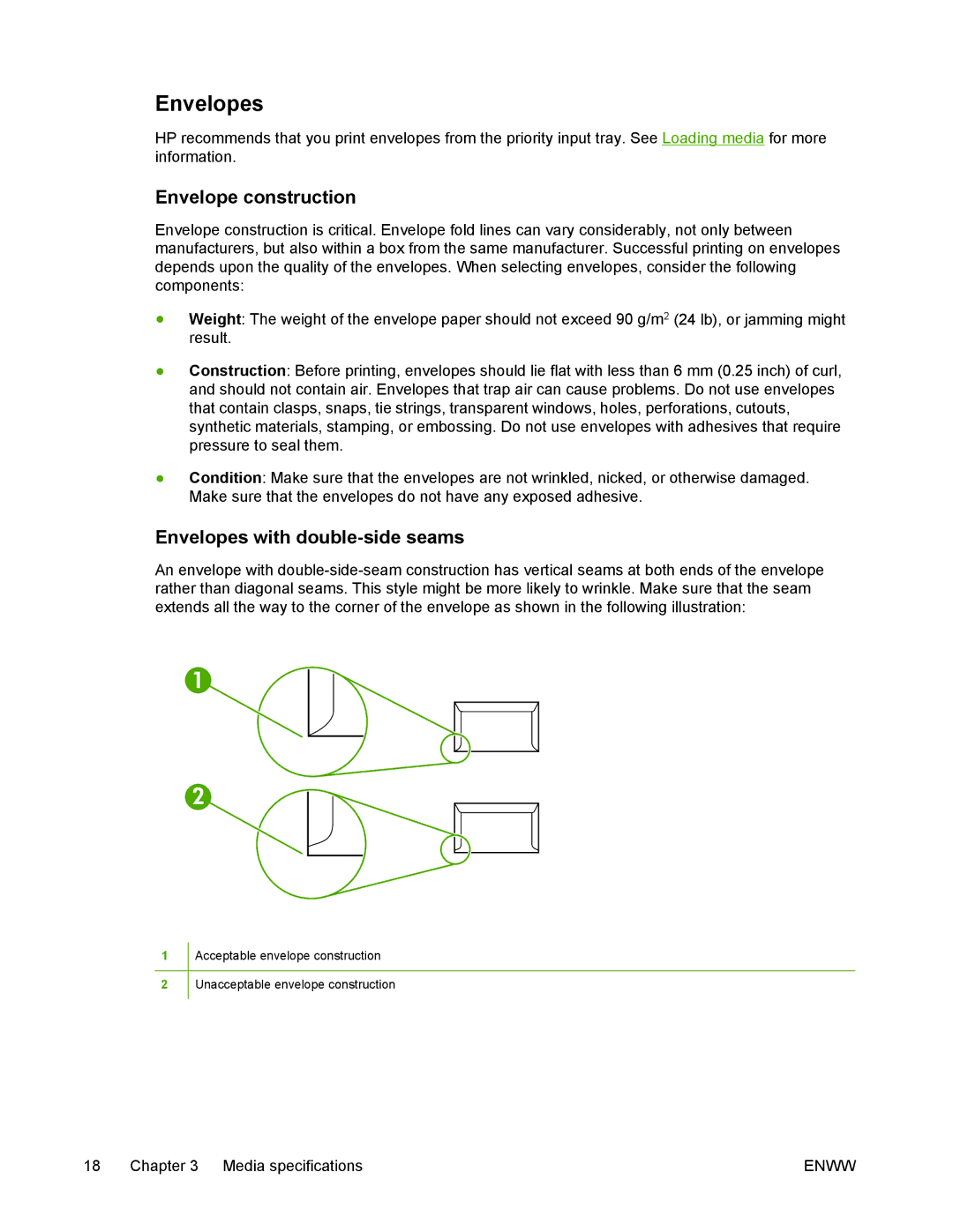 HP M1005 manual Envelope construction, Envelopes with double-side seams 