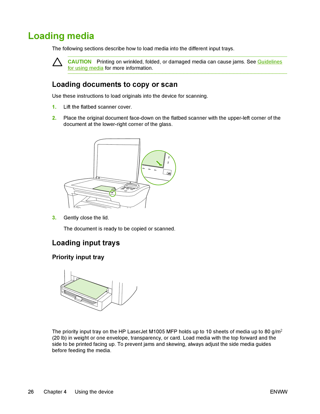 HP M1005 manual Loading media, Loading documents to copy or scan, Loading input trays, Priority input tray 