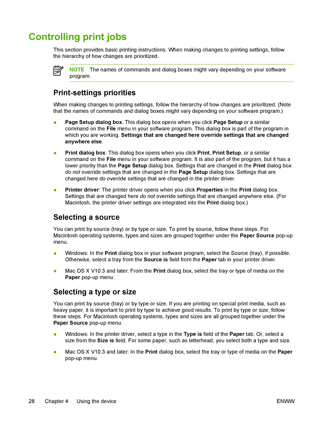 HP M1005 manual Controlling print jobs, Print-settings priorities, Selecting a source, Selecting a type or size 