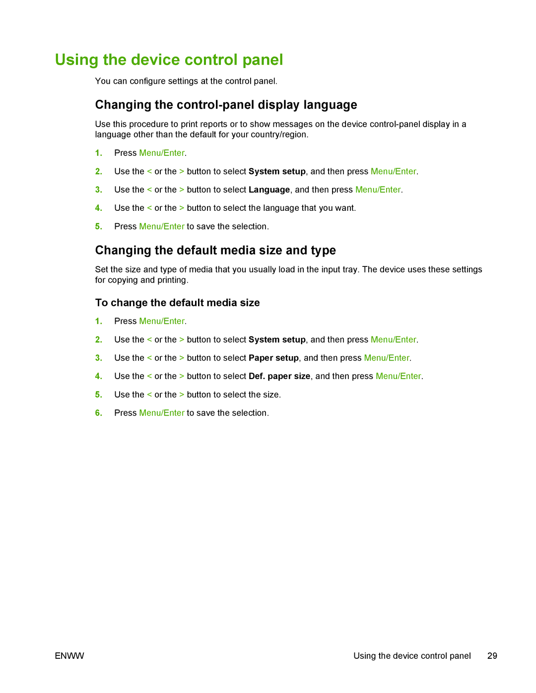 HP M1005 Using the device control panel, Changing the control-panel display language, To change the default media size 