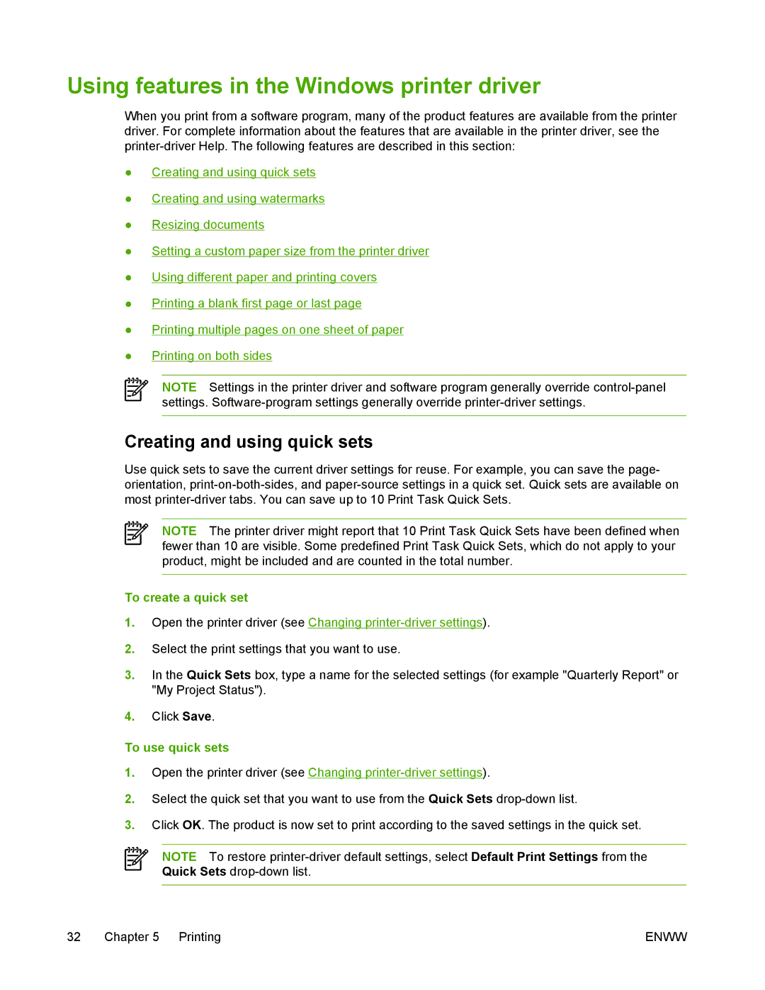 HP M1005 manual Using features in the Windows printer driver, Creating and using quick sets, To create a quick set 