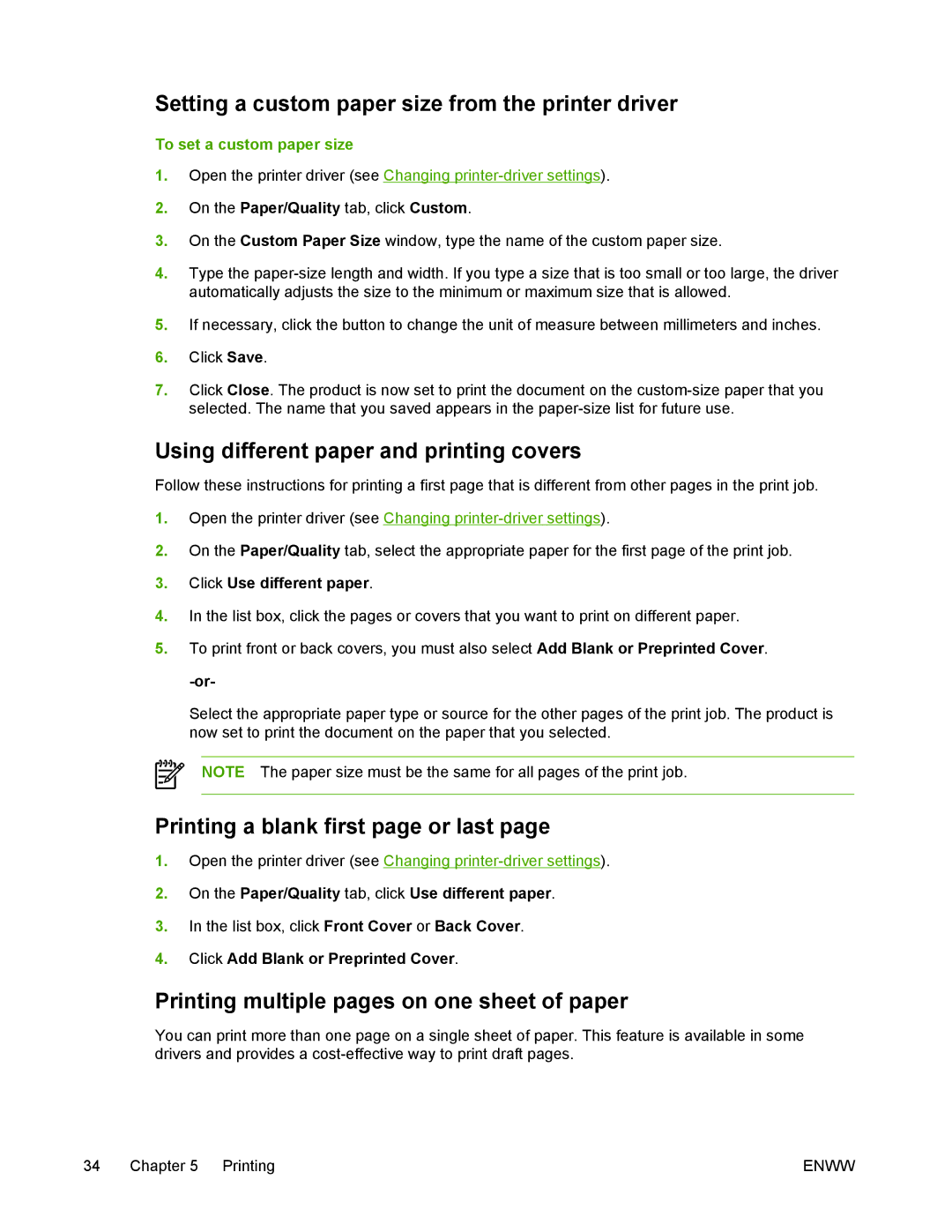 HP M1005 manual Setting a custom paper size from the printer driver, Using different paper and printing covers 