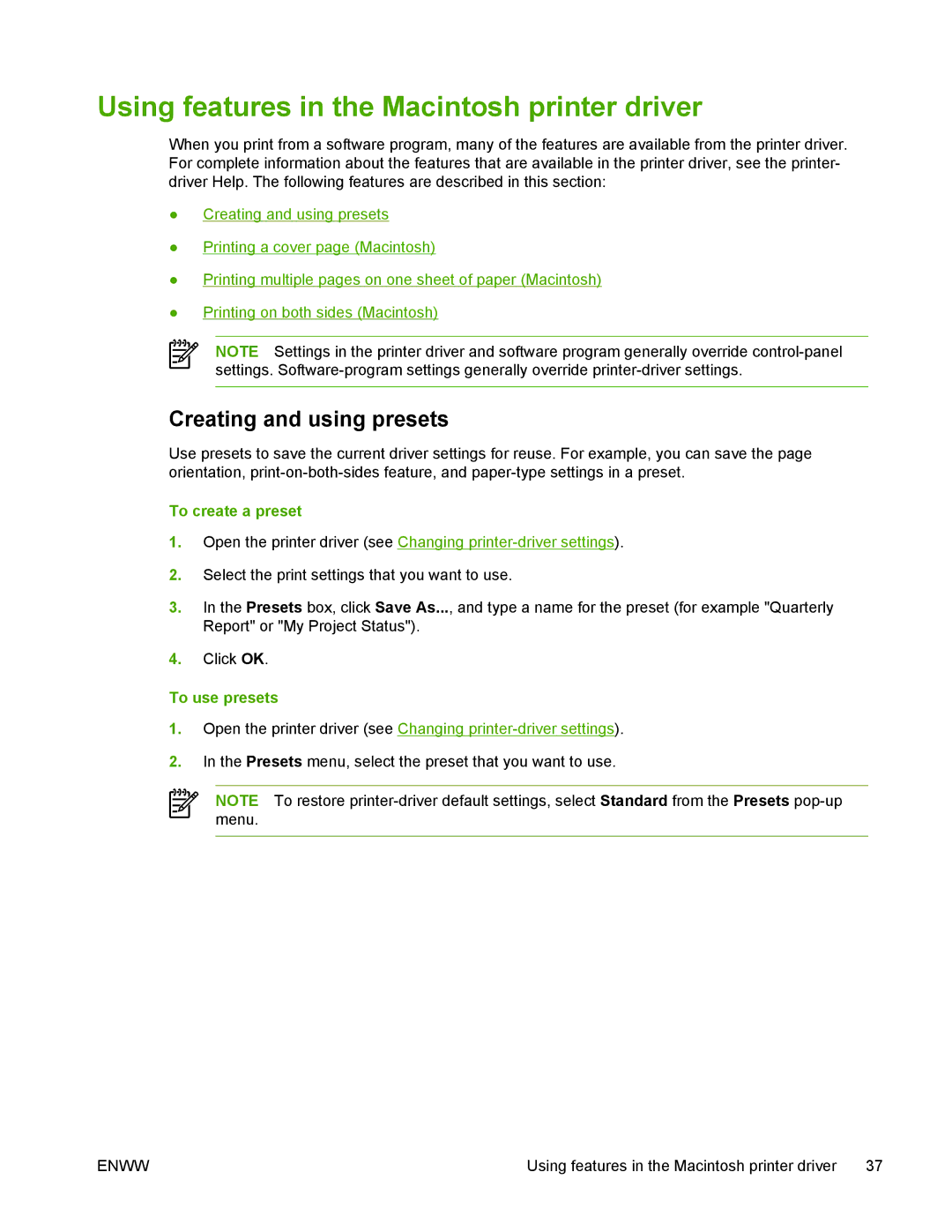 HP M1005 Using features in the Macintosh printer driver, Creating and using presets, To create a preset, To use presets 