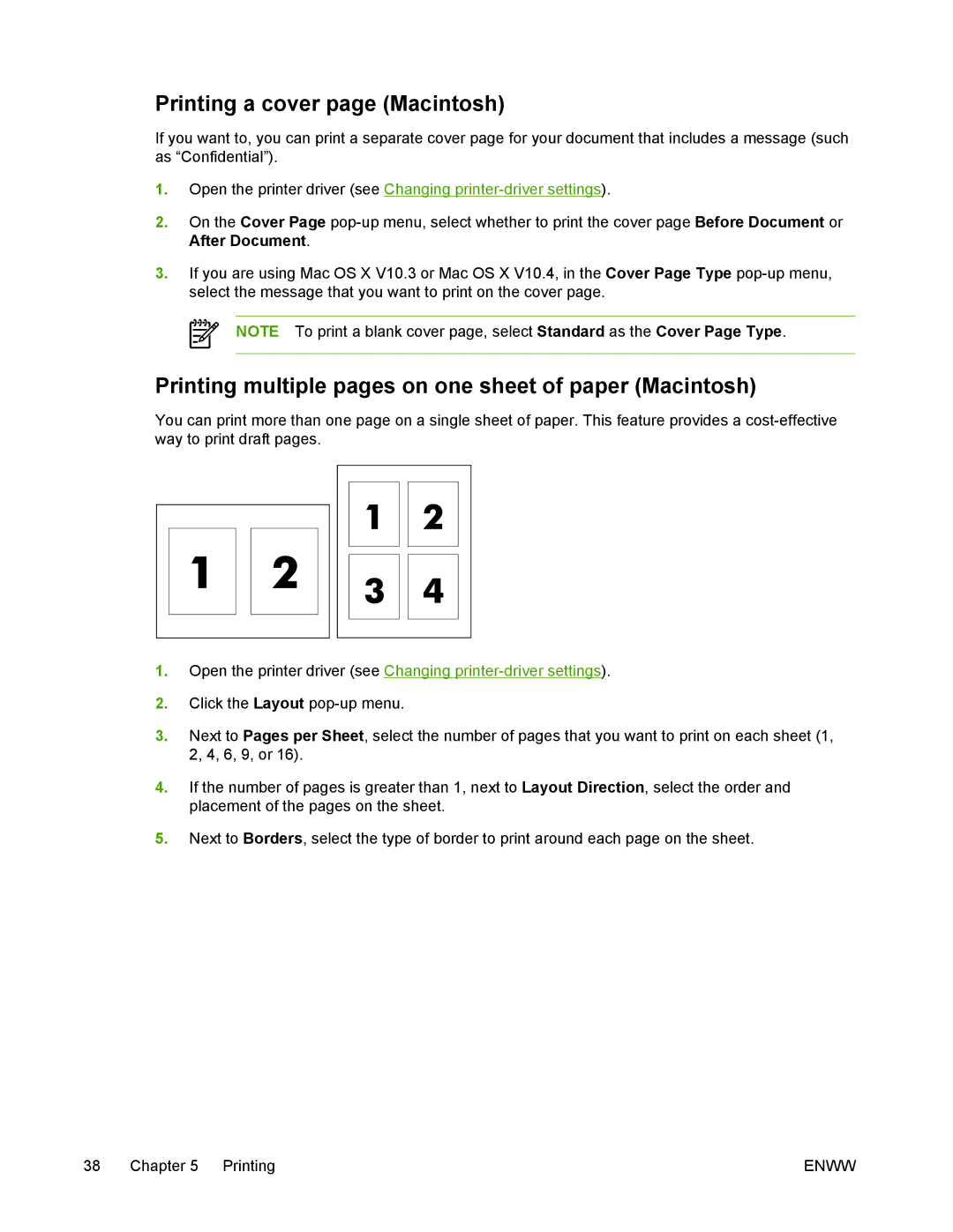 HP M1005 manual Printing a cover page Macintosh, Printing multiple pages on one sheet of paper Macintosh 