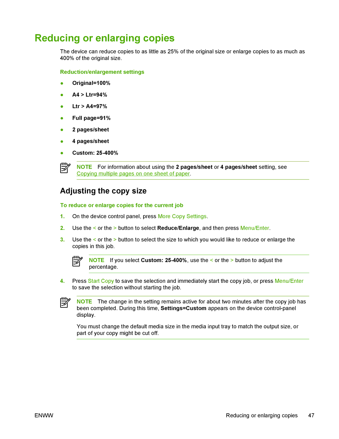 HP M1005 manual Reducing or enlarging copies, Adjusting the copy size, Reduction/enlargement settings 