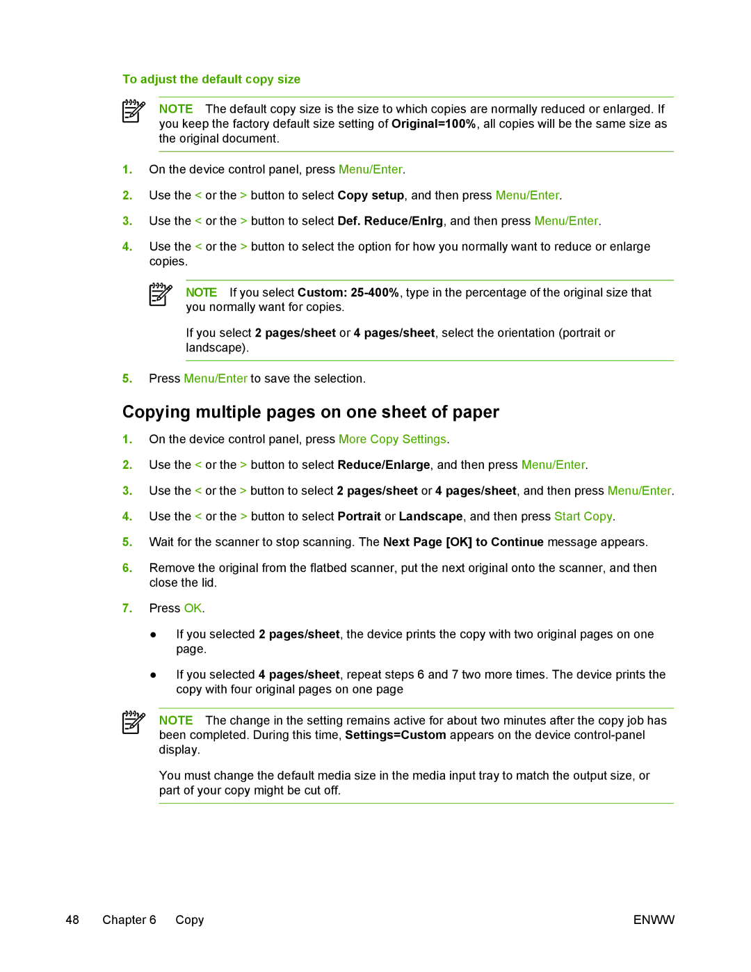 HP M1005 manual Copying multiple pages on one sheet of paper, To adjust the default copy size 