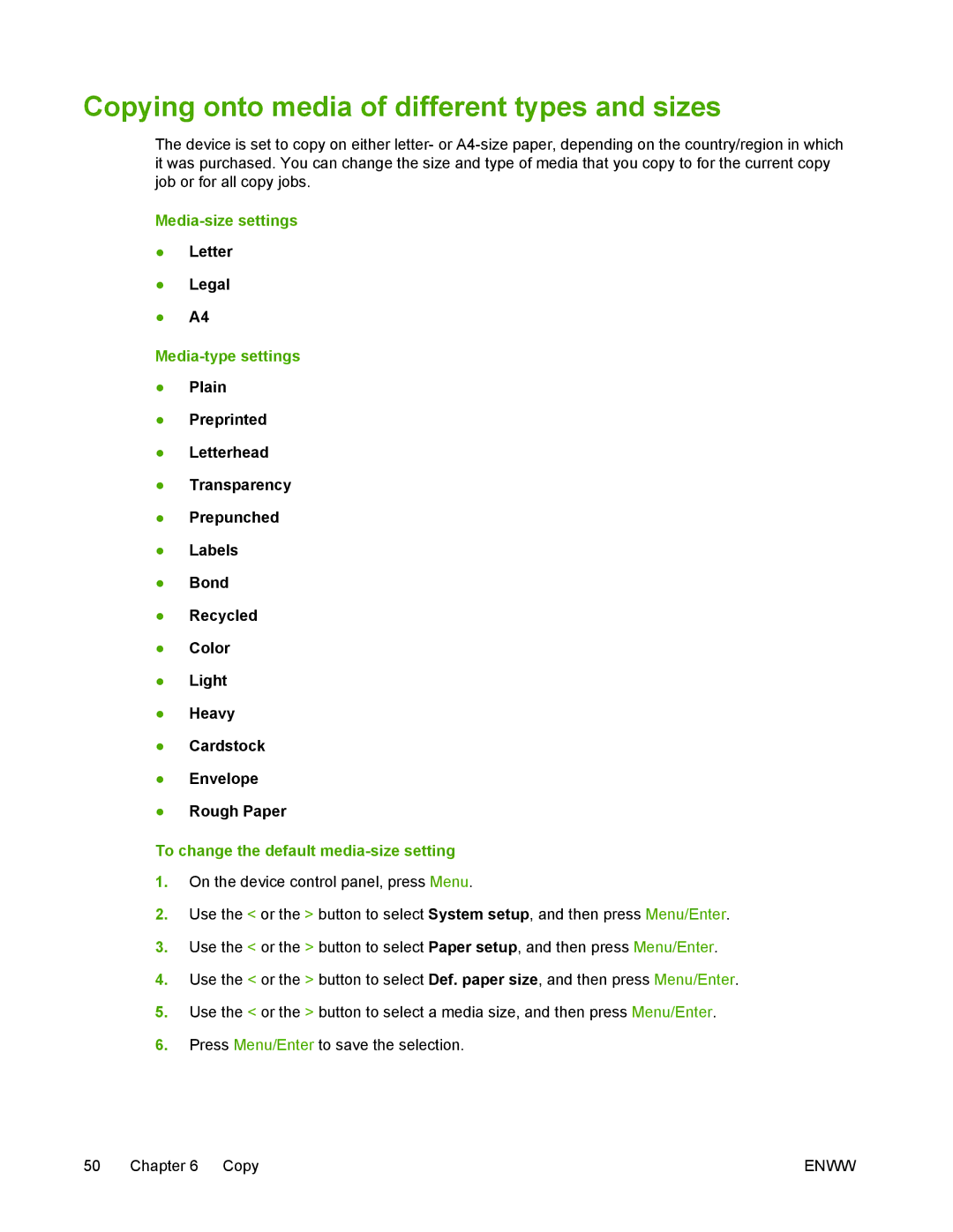 HP M1005 manual Copying onto media of different types and sizes, Media-size settings, Media-type settings 