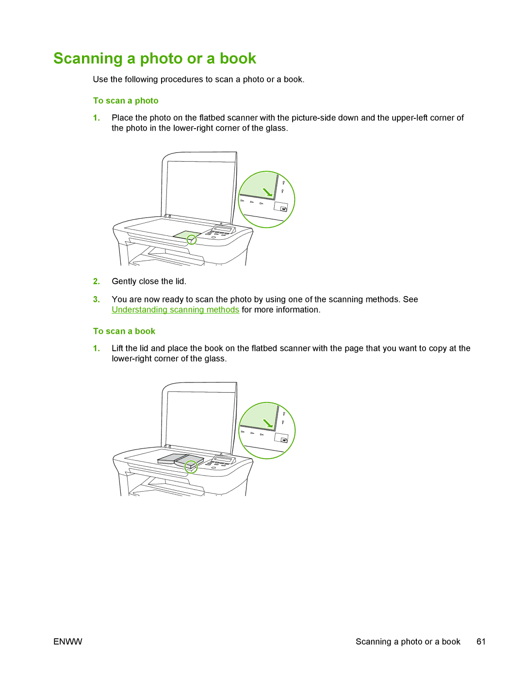 HP M1005 manual Scanning a photo or a book, To scan a photo, To scan a book 