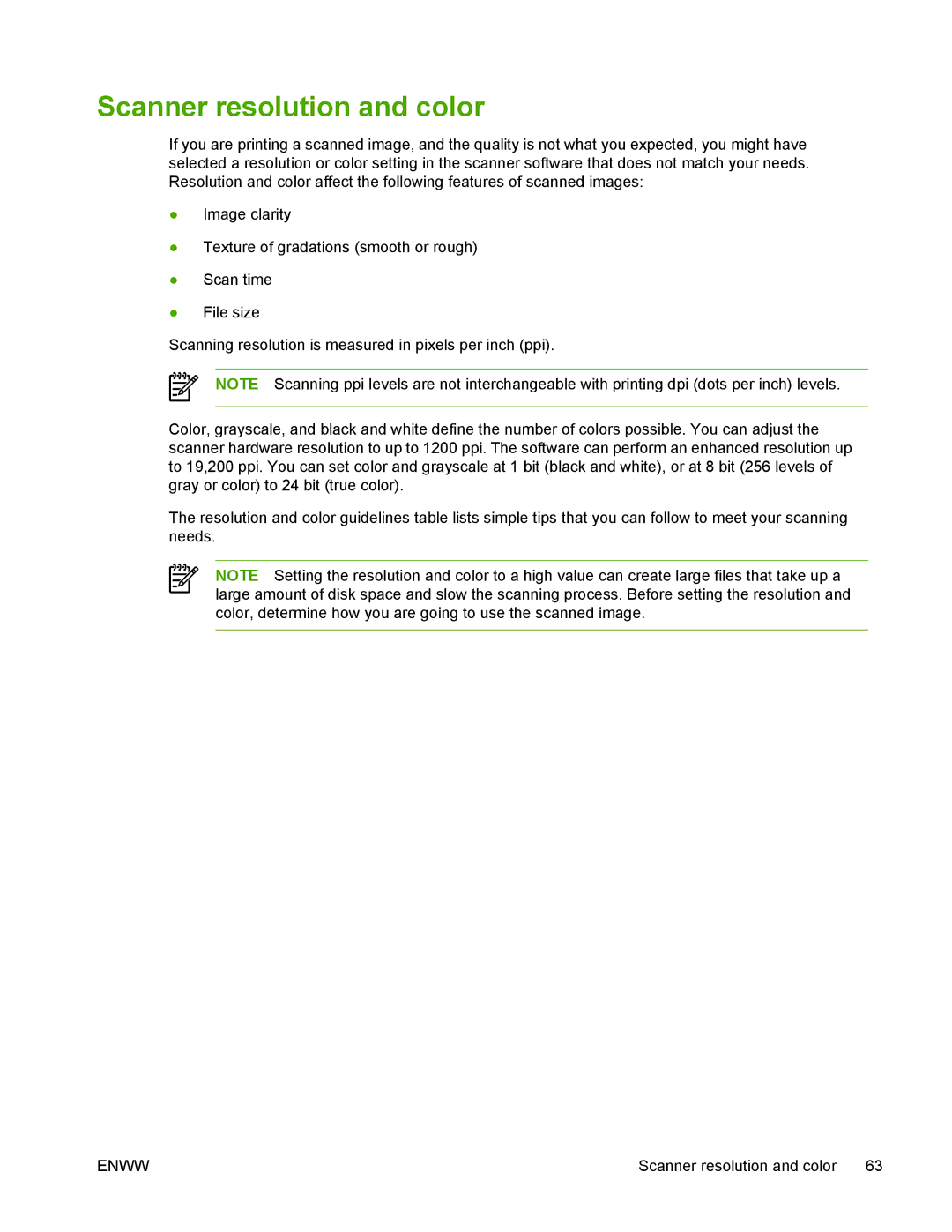 HP M1005 manual Scanner resolution and color 