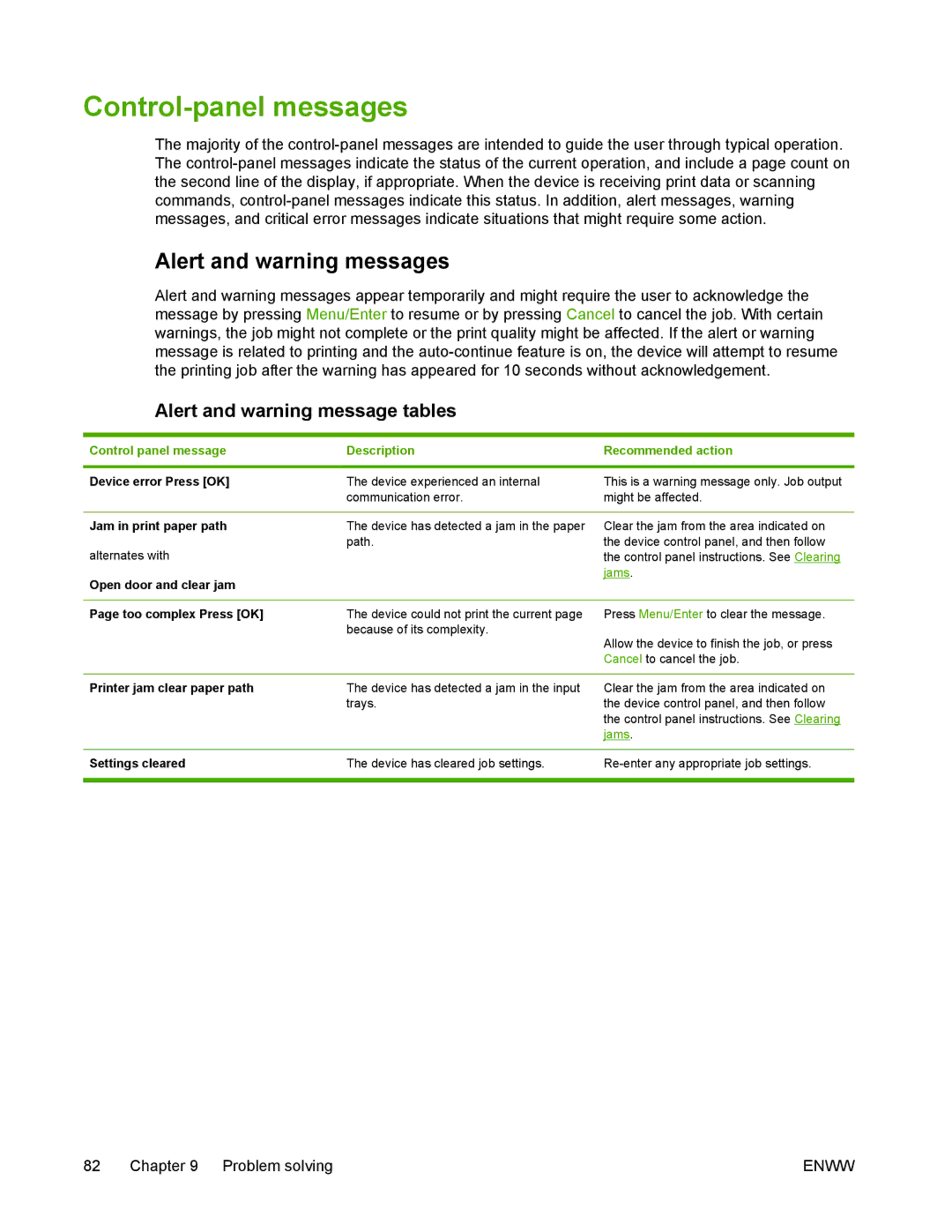 HP M1005 manual Control-panel messages, Alert and warning messages, Alert and warning message tables 