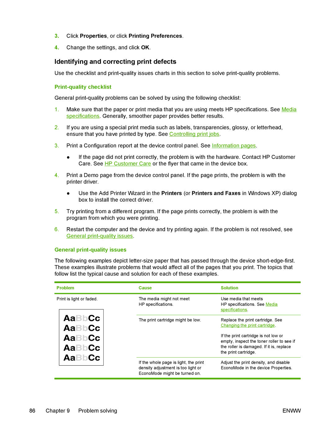 HP M1005 Identifying and correcting print defects, Print-quality checklist, General print-quality issues, Problem Cause 