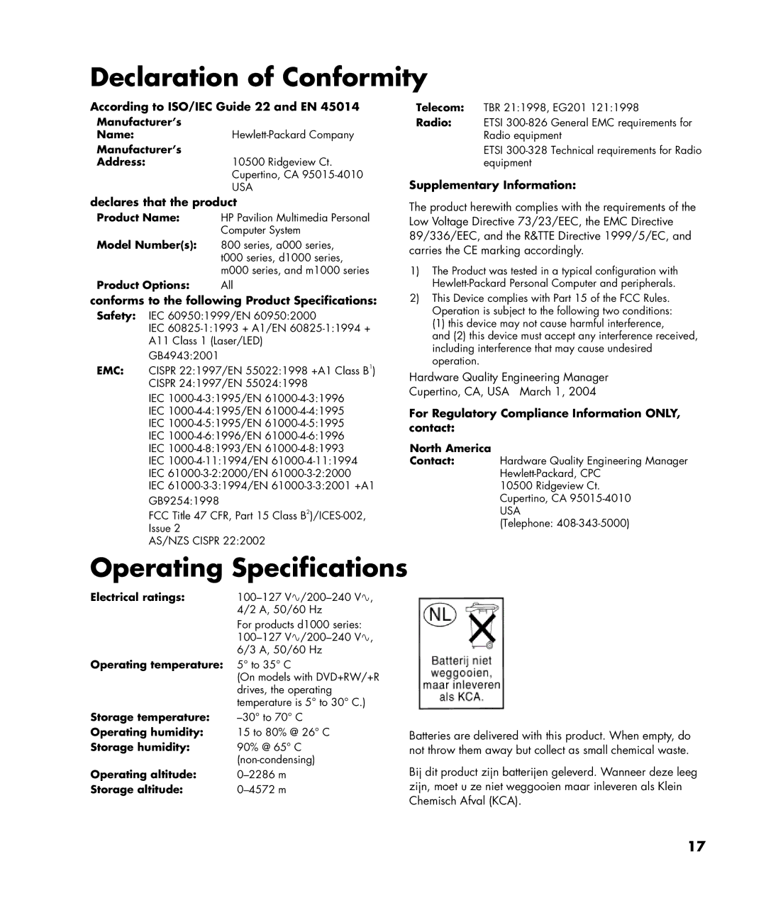 HP m1090n, m1050y (D7223M), m1050y (PJ697AV), m1000y (D7223L), m1080n Declaration of Conformity, Operating Specifications 