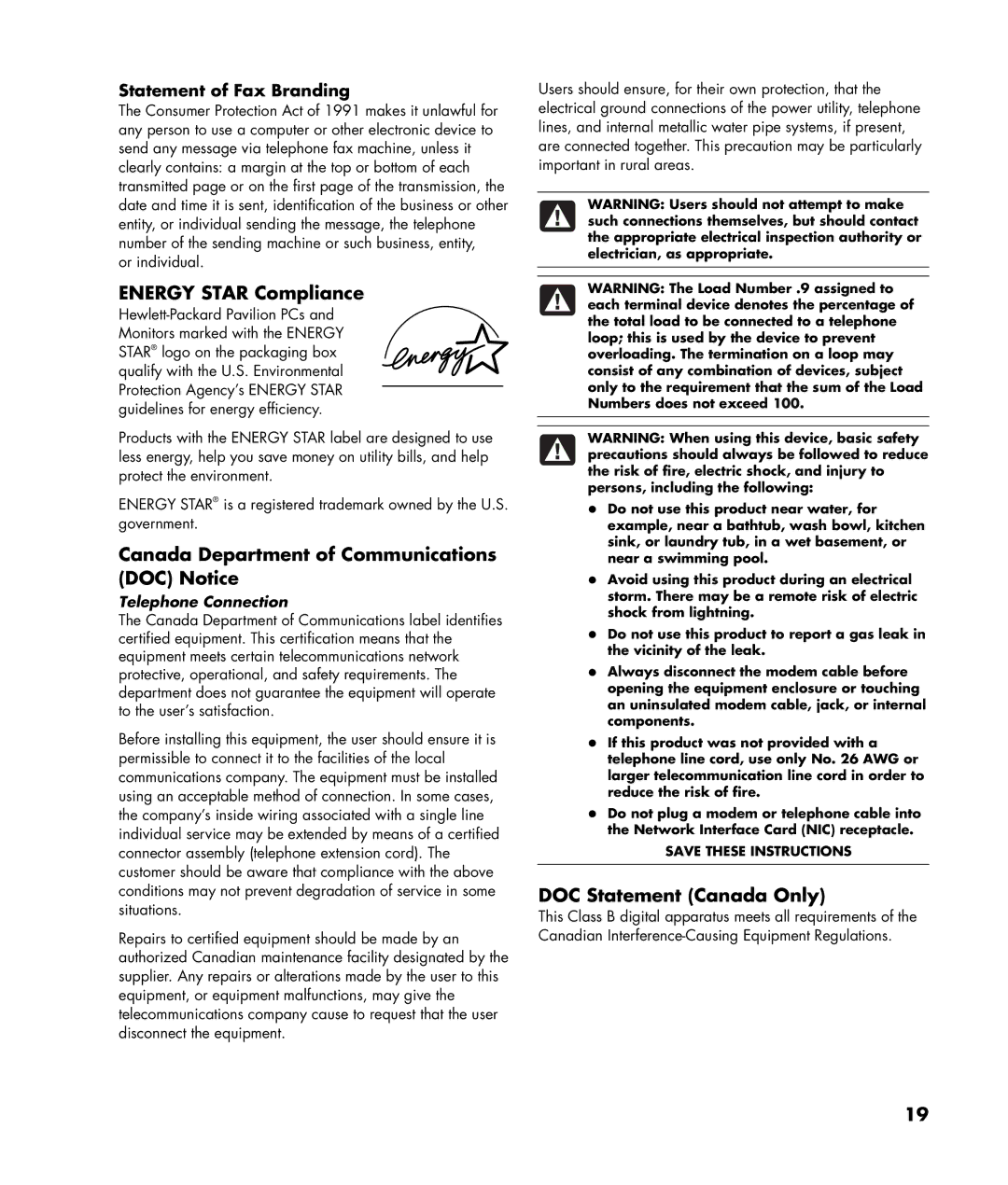 HP m1050y (PJ697AV) Energy Star Compliance, Canada Department of Communications DOC Notice, DOC Statement Canada Only 