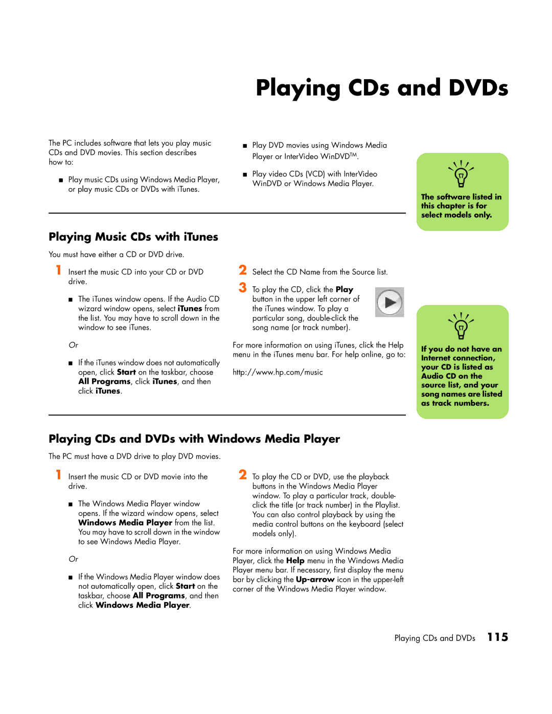 HP m1082n, m1050y (PJ697AV), m1080n manual Playing Music CDs with iTunes, Playing CDs and DVDs with Windows Media Player 