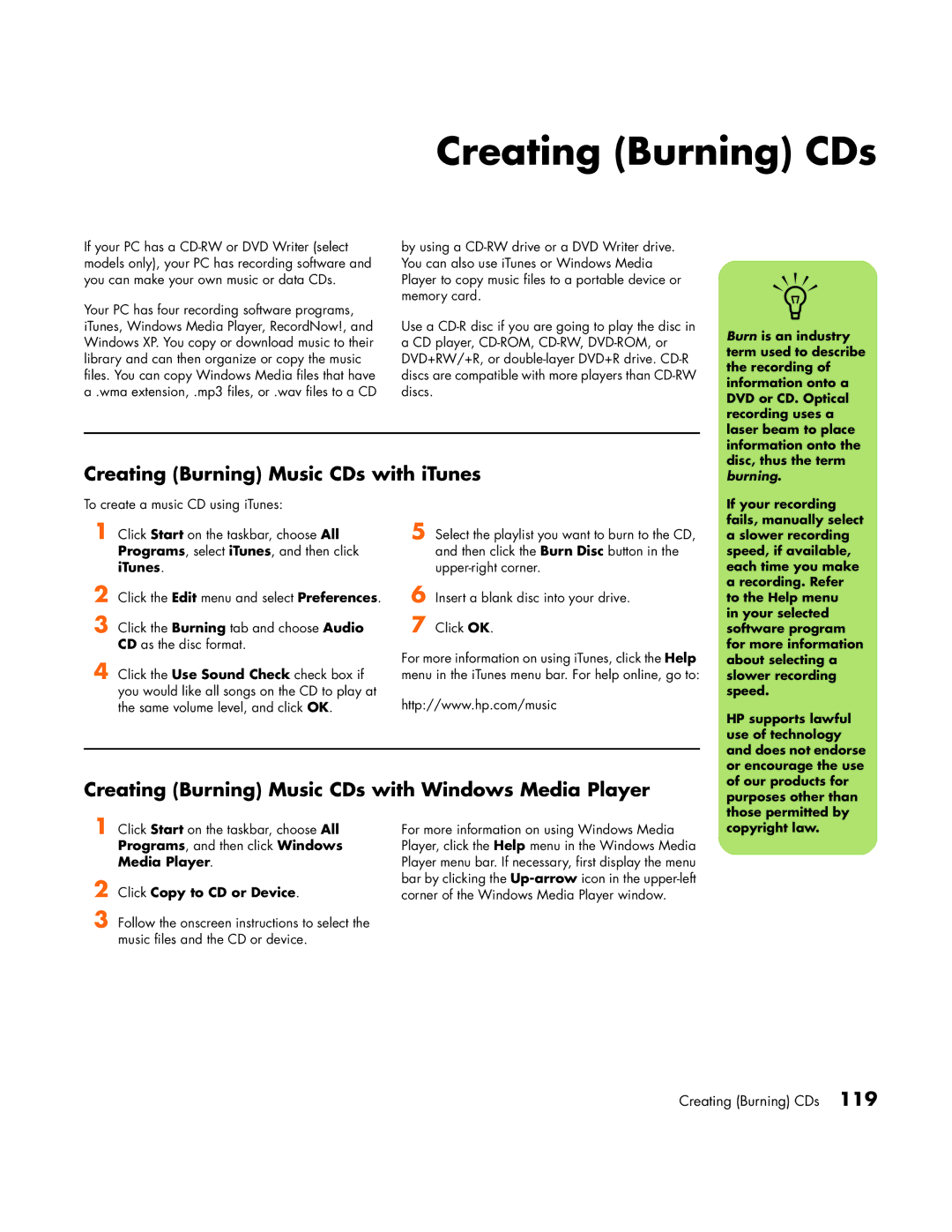 HP m1080n, m1072n Creating Burning CDs, Creating Burning Music CDs with iTunes, Click Copy to CD or Device, Copyright law 