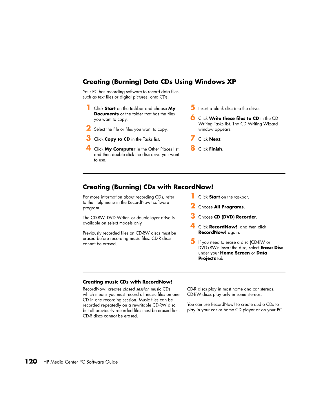 HP m1072n, m1050y (PJ697AV), m1080n, m1070n Creating Burning Data CDs Using Windows XP, Creating Burning CDs with RecordNow 