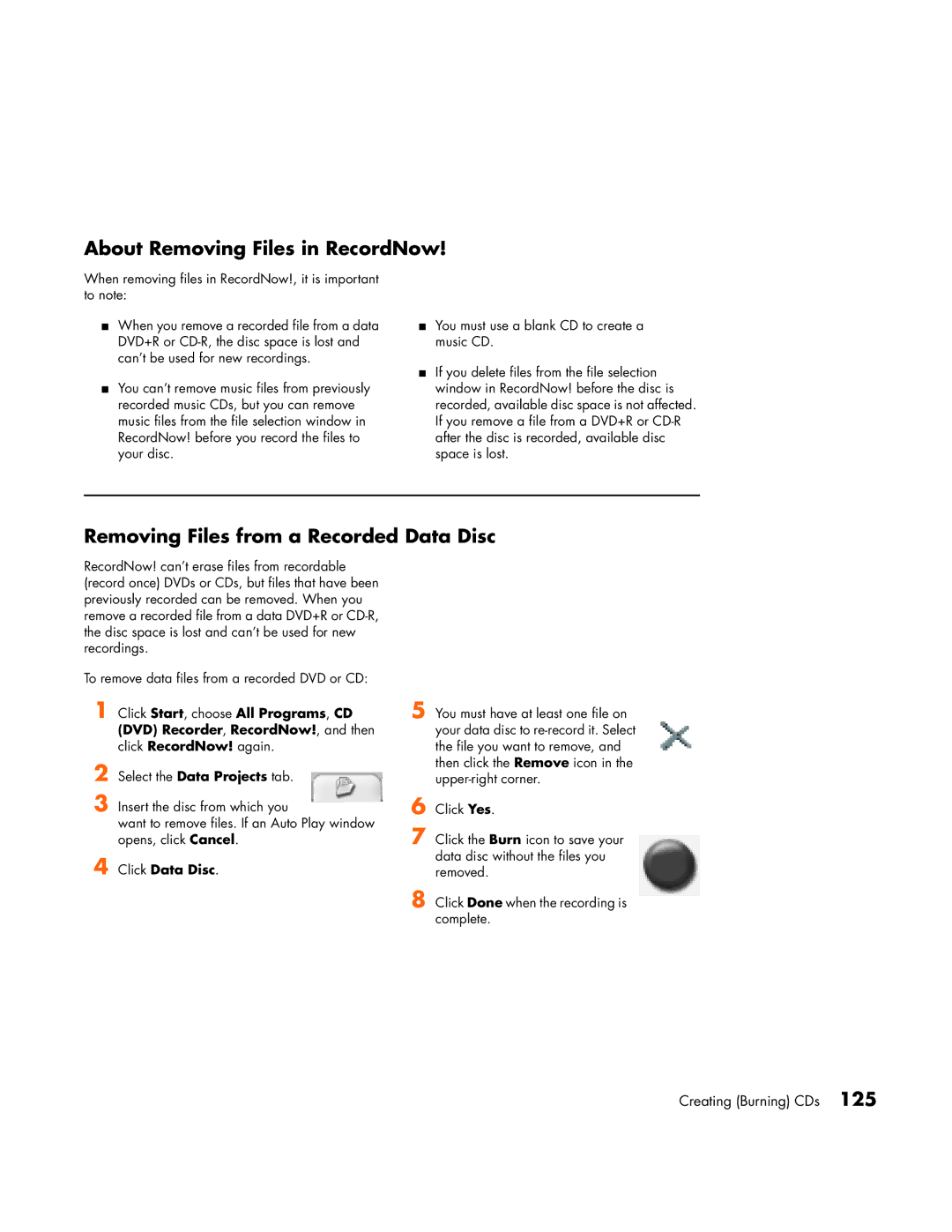 HP m1000y (D7223L), m1080n About Removing Files in RecordNow, Removing Files from a Recorded Data Disc, Click Data Disc 