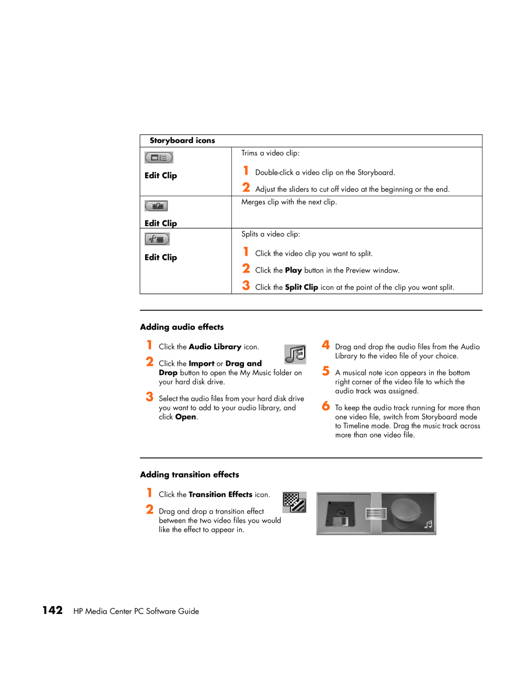 HP m1050y (PU127AV), m1050y (PJ697AV) Edit Clip, Adding audio effects, Adding transition effects, Click the Import or Drag 