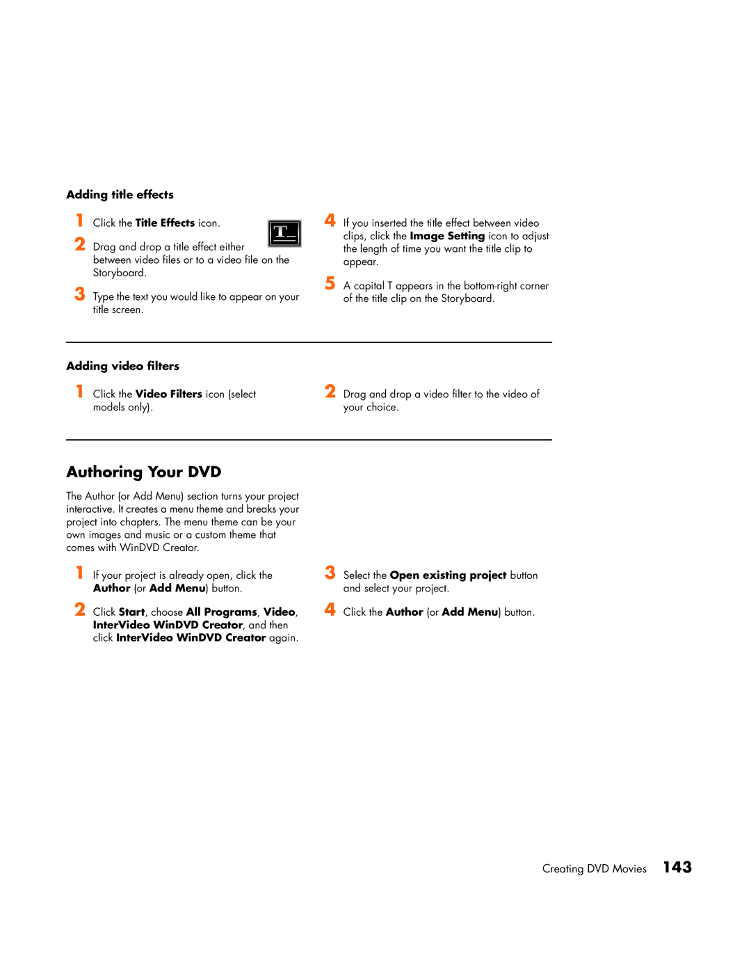 HP m1080n, m1050y (PJ697AV), m1000y (D7223L), m1072n, m1070n Authoring Your DVD, Adding title effects, Adding video filters 