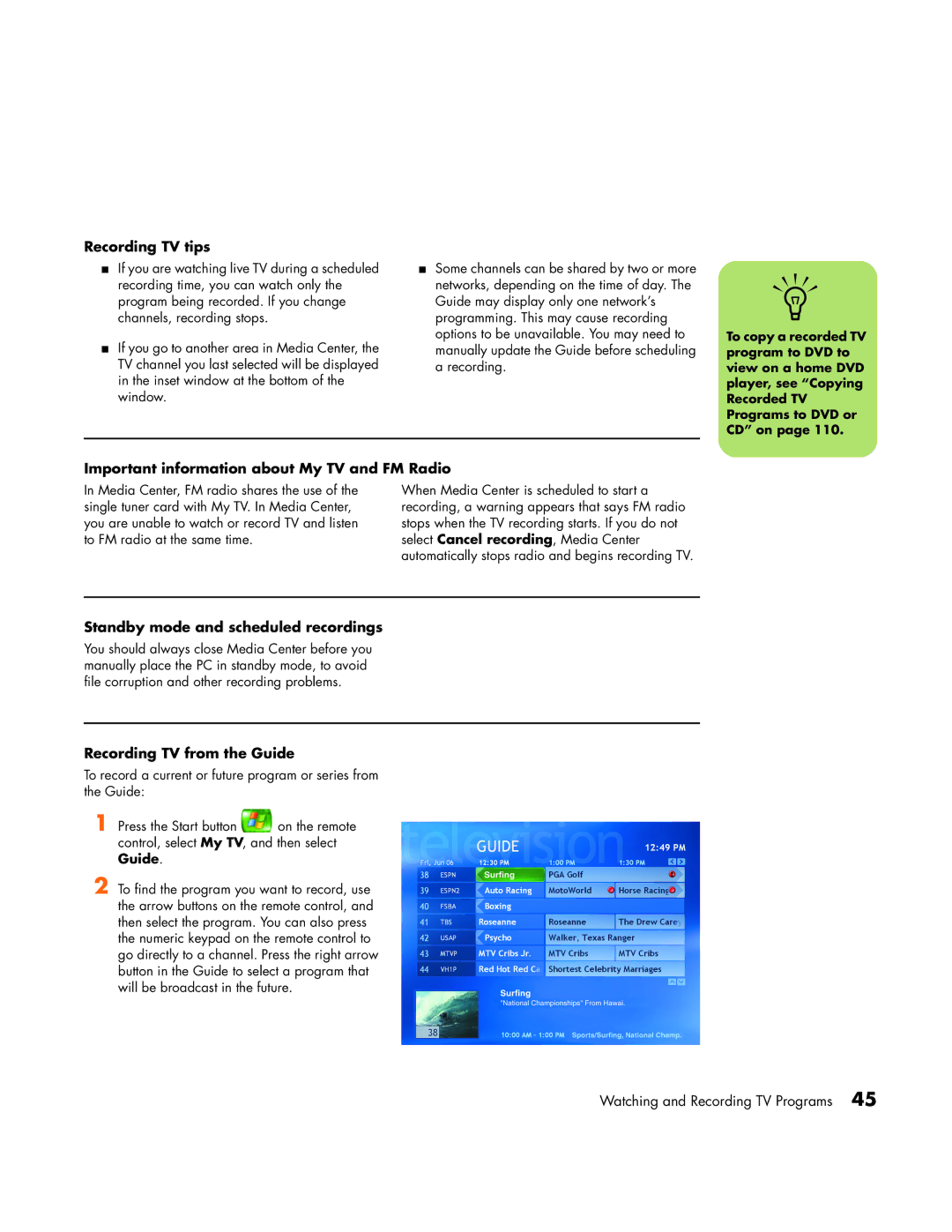 HP m1000y (D7223L), m1080n Recording TV tips, Important information about My TV and FM Radio, Recording TV from the Guide 