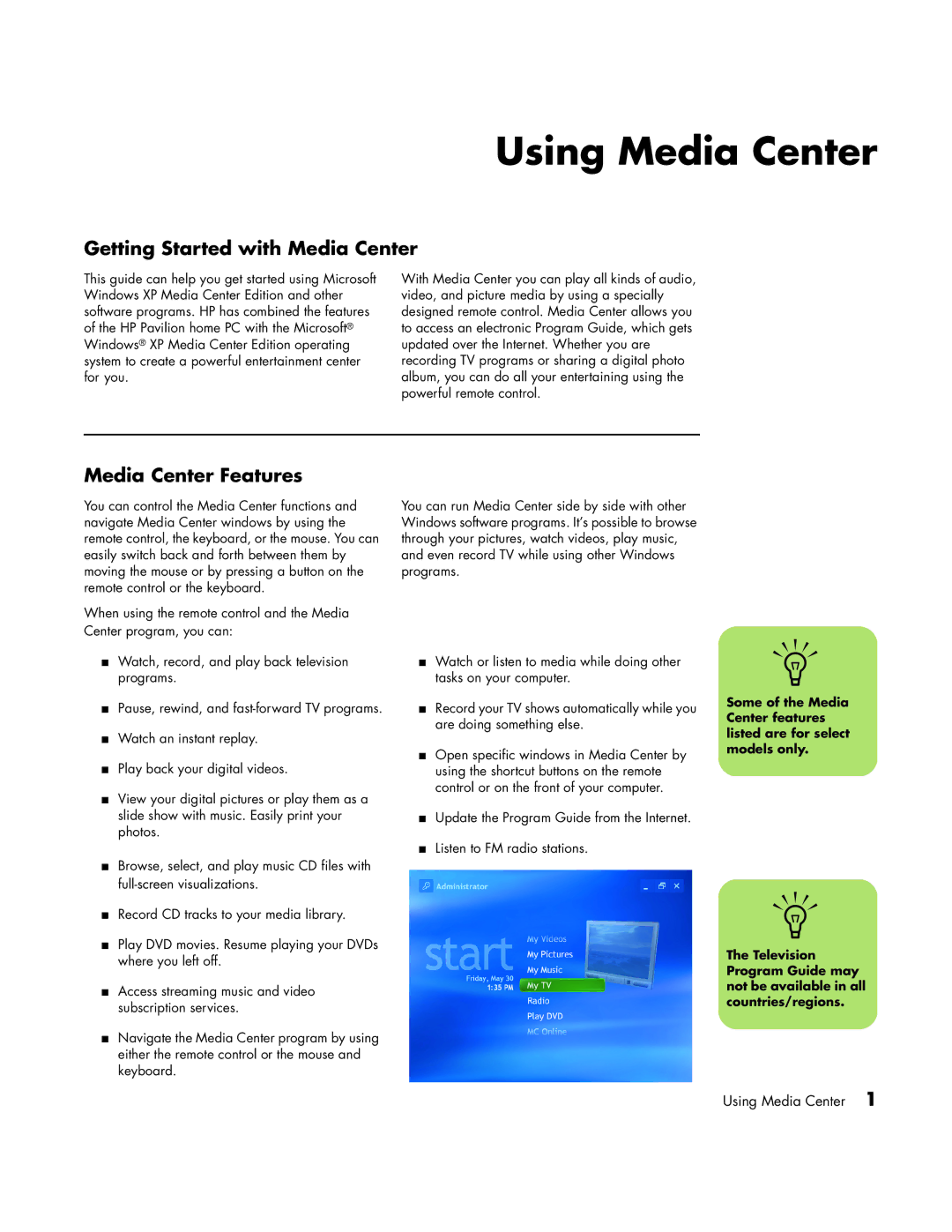 HP m1070n, m1050y (PJ697AV), m1000y (D7223L) Using Media Center, Getting Started with Media Center, Media Center Features 