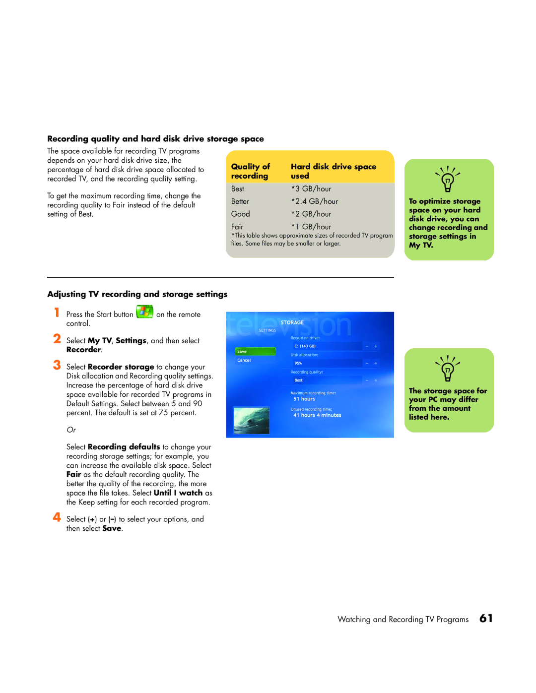 HP m1000y (D7223L) manual Recording quality and hard disk drive storage space, Adjusting TV recording and storage settings 