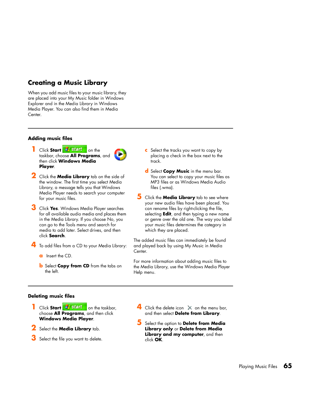 HP m1070n, m1050y (PJ697AV), m1000y (D7223L), m1080n manual Creating a Music Library, Adding music files, Deleting music files 