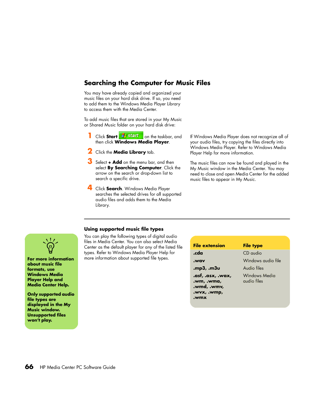 HP m1095c, m1050y (PJ697AV), m1000y (D7223L) manual Searching the Computer for Music Files, Using supported music file types 