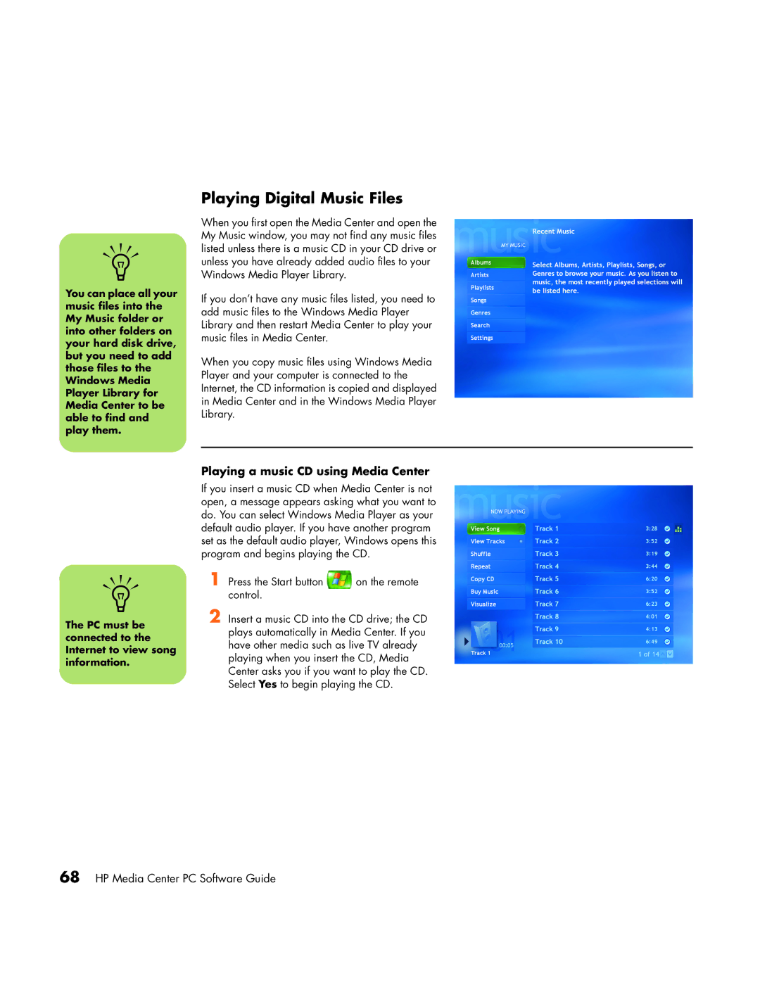 HP m1050y (PJ697AV), m1000y (D7223L), m1050y (PU127AV) Playing Digital Music Files, Playing a music CD using Media Center 