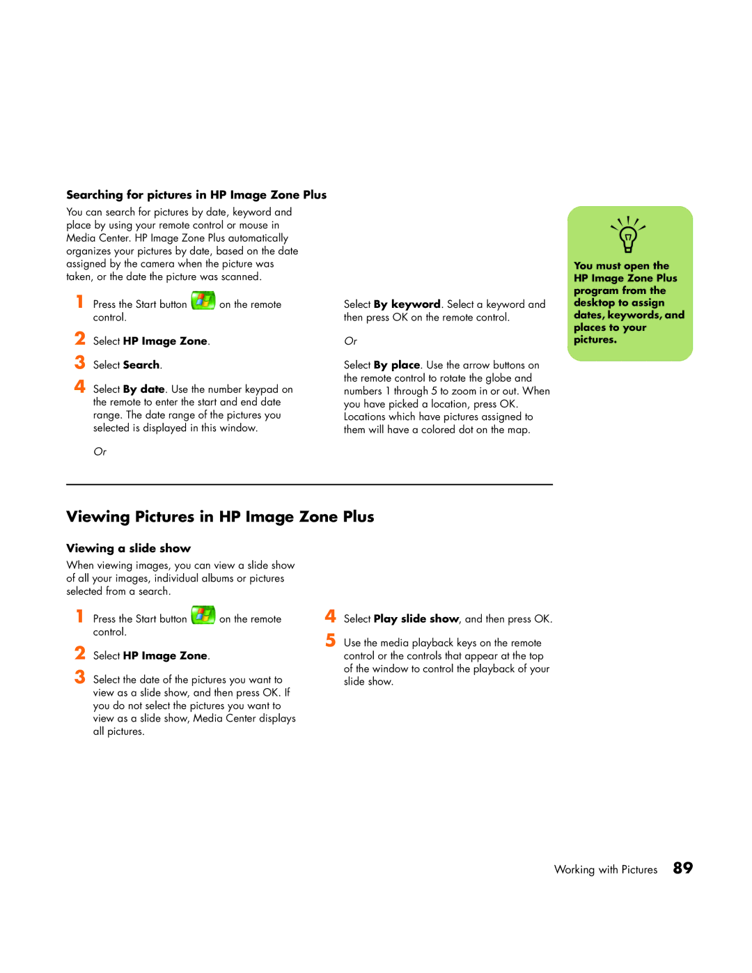 HP m1070n manual Viewing Pictures in HP Image Zone Plus, Searching for pictures in HP Image Zone Plus, Viewing a slide show 
