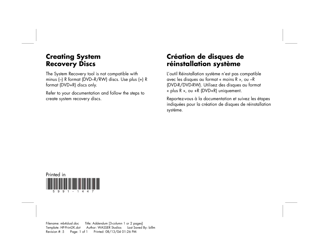 HP m1297c, m1050y (PJ720AV), m1295c manual Creating System Recovery Discs, Création de disques de réinstallation système 