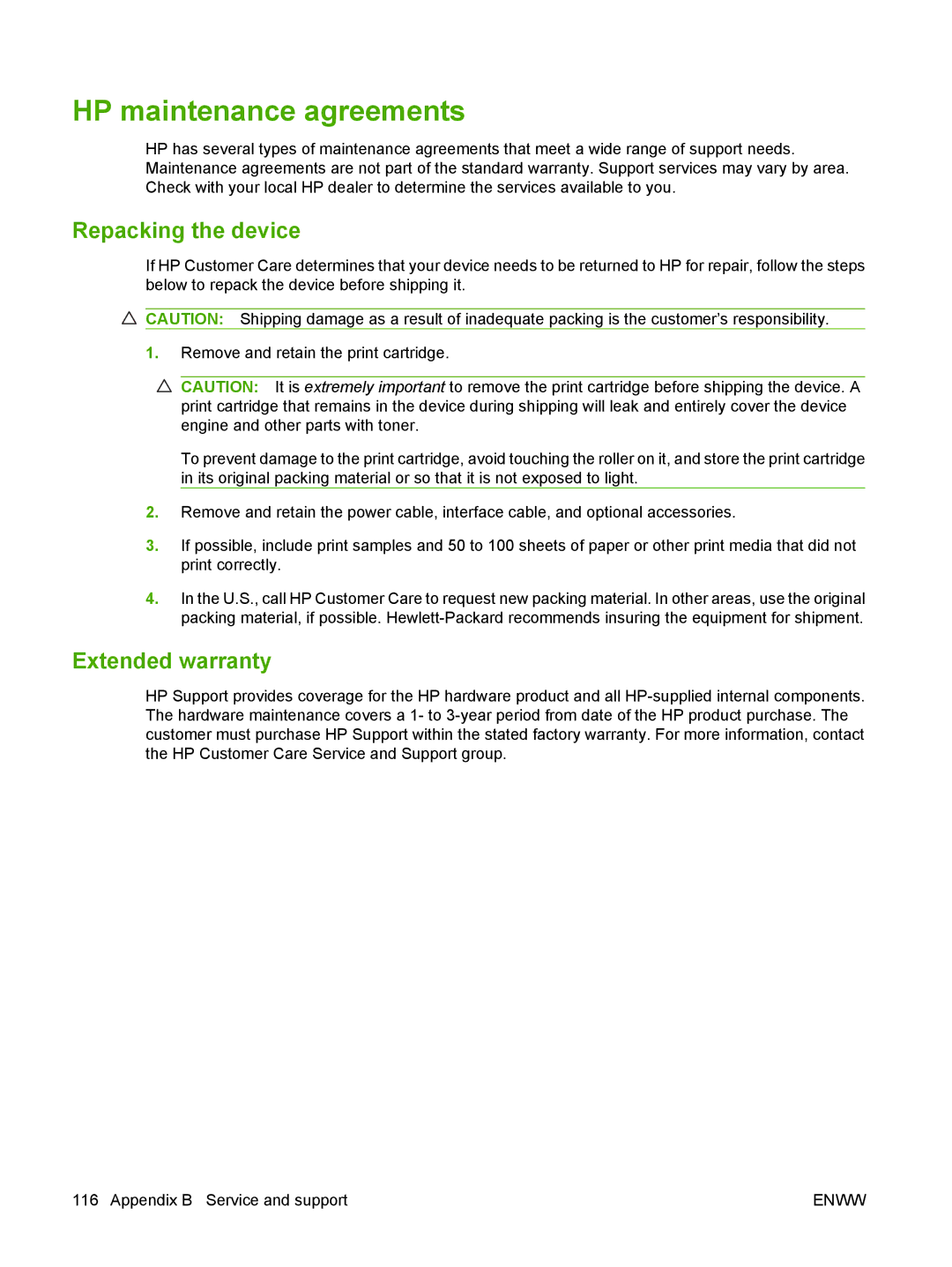 HP M1120 MFP manual HP maintenance agreements, Repacking the device, Extended warranty 