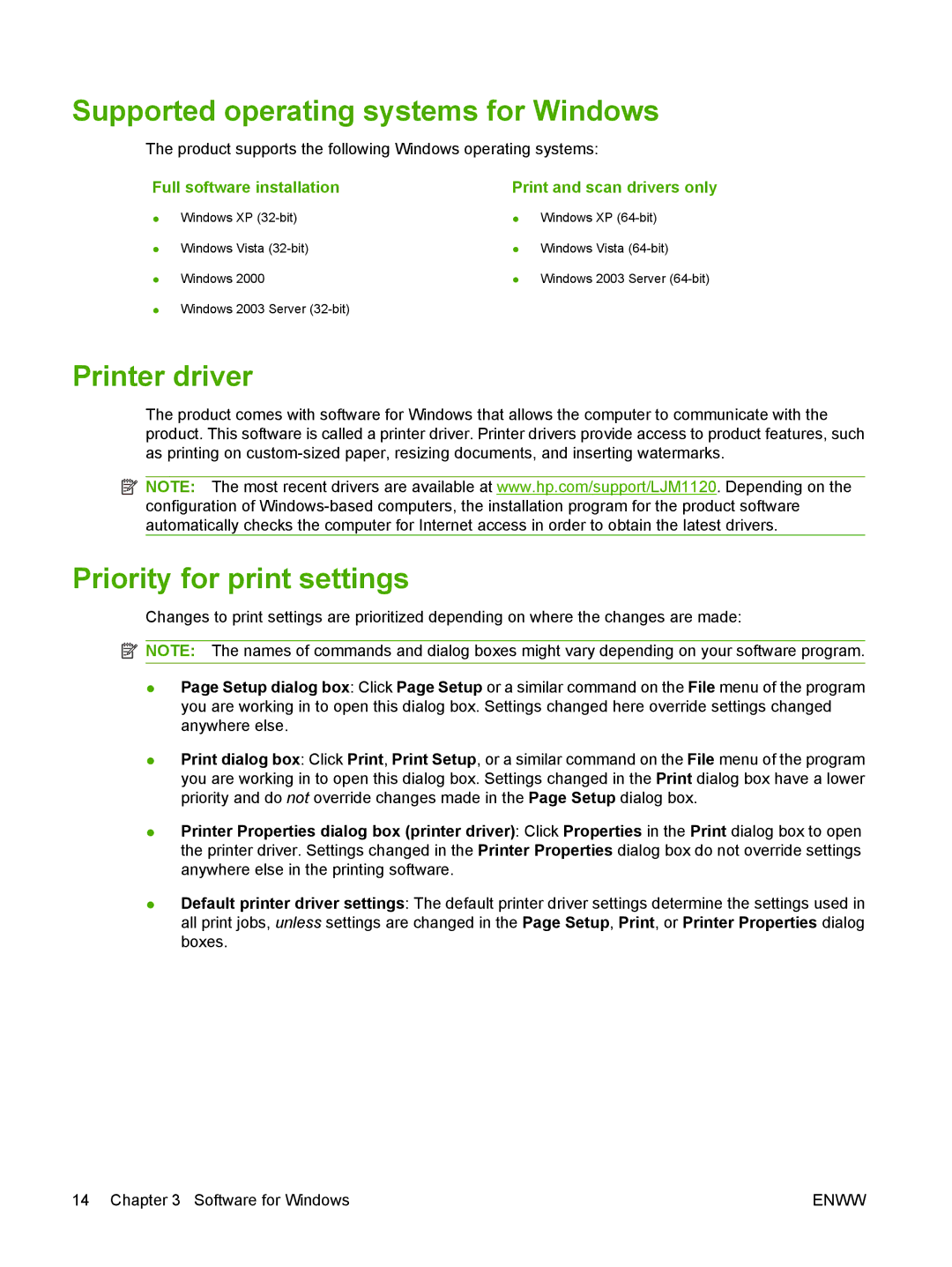 HP M1120 MFP manual Supported operating systems for Windows, Printer driver, Priority for print settings 