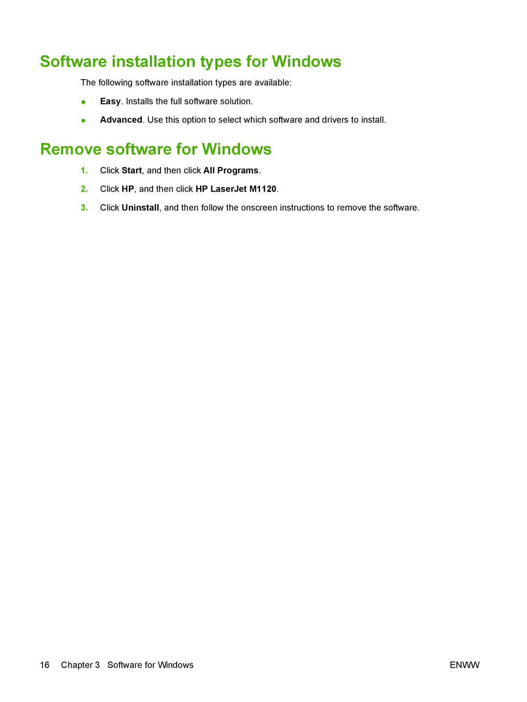 HP M1120 MFP manual Software installation types for Windows, Remove software for Windows 