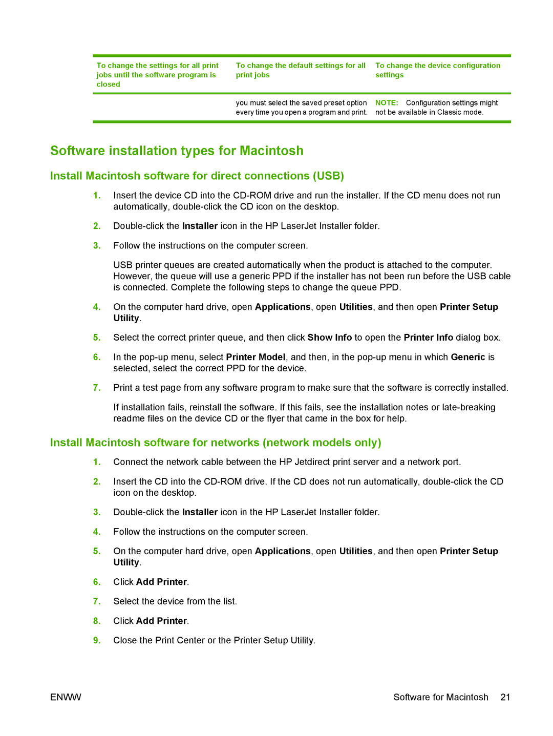 HP M1120 MFP manual Software installation types for Macintosh, Install Macintosh software for direct connections USB 