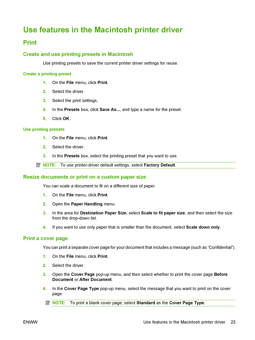 HP M1120 MFP manual Use features in the Macintosh printer driver, Print, Create and use printing presets in Macintosh 