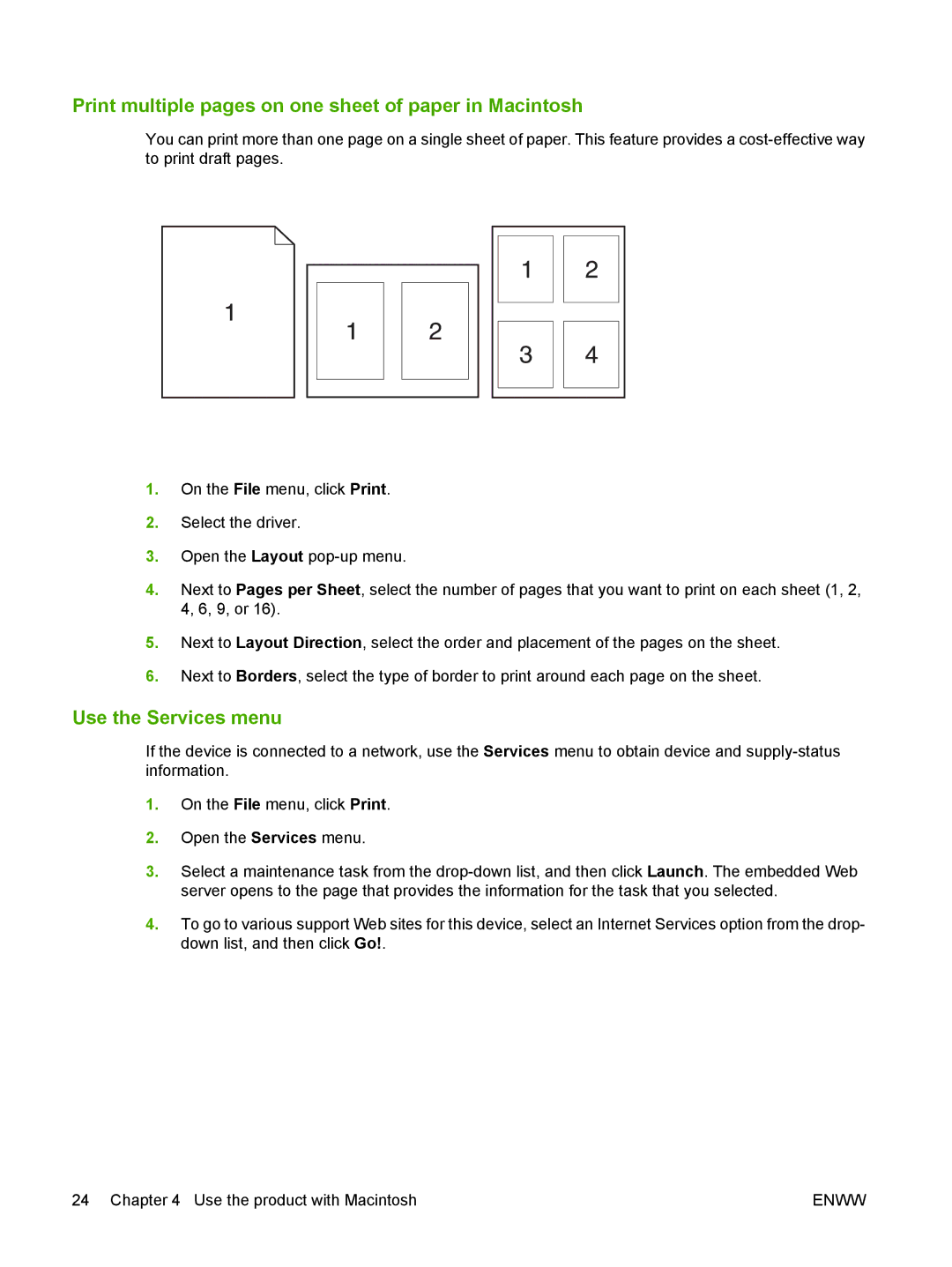 HP M1120 MFP manual Print multiple pages on one sheet of paper in Macintosh, Use the Services menu 