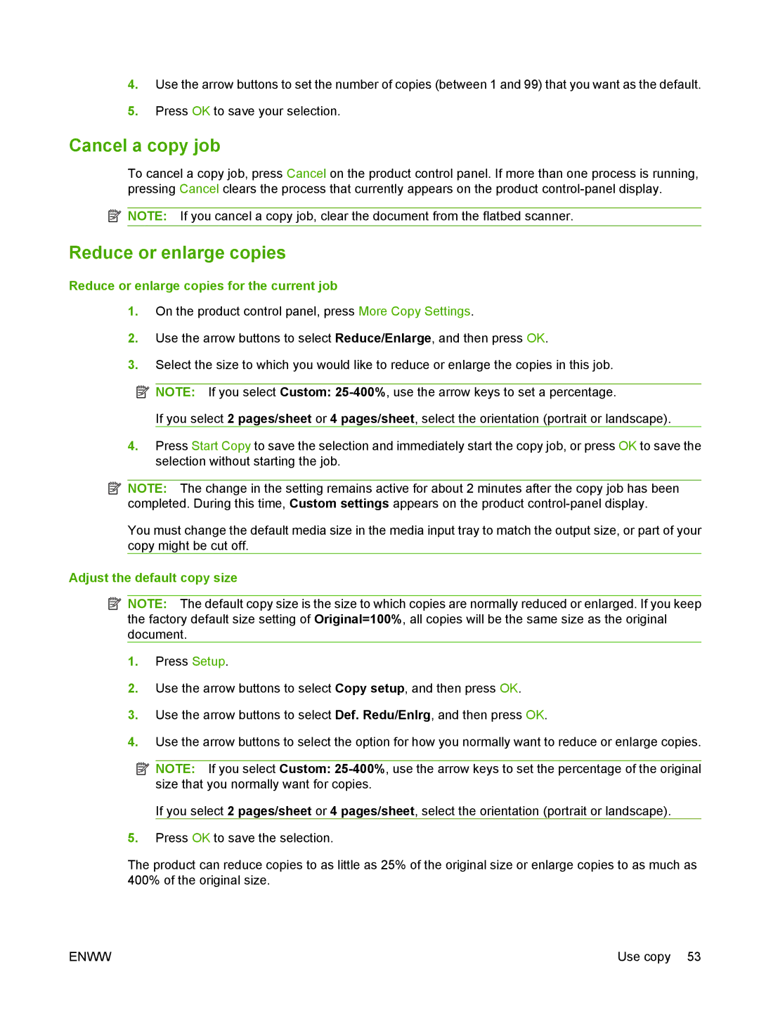 HP M1120 MFP manual Cancel a copy job, Reduce or enlarge copies for the current job, Adjust the default copy size 