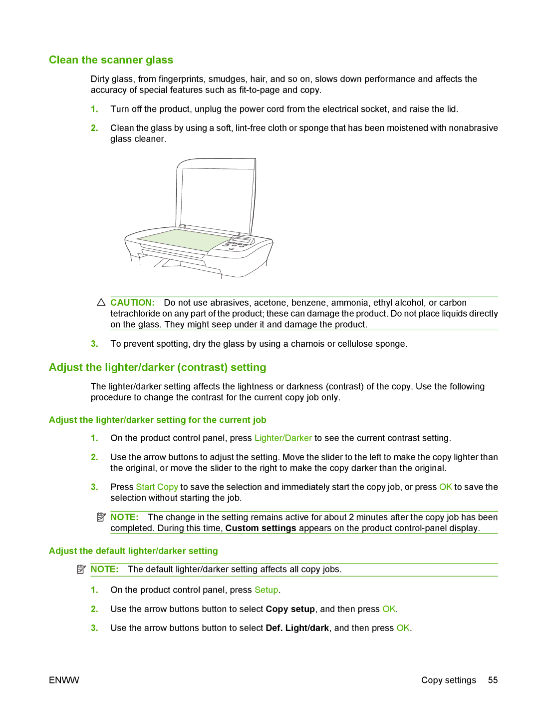 HP M1120 MFP manual Clean the scanner glass, Adjust the lighter/darker contrast setting 