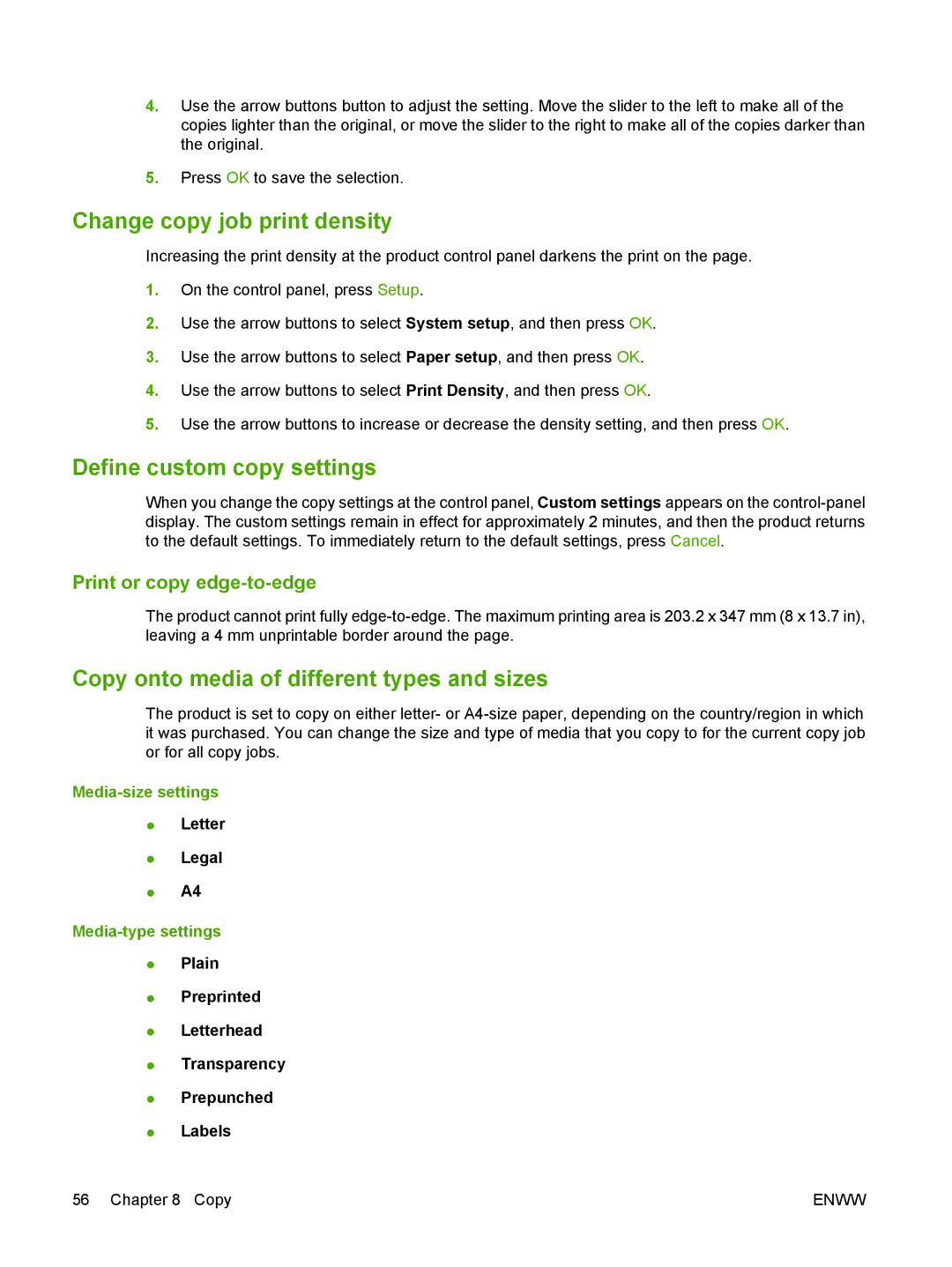 HP M1120 MFP Change copy job print density, Define custom copy settings, Copy onto media of different types and sizes 