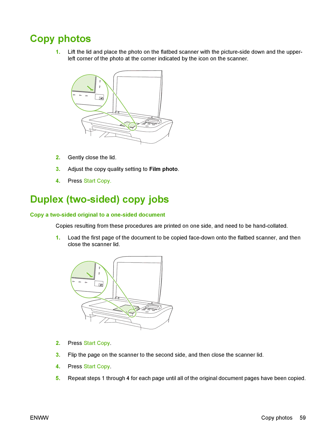 HP M1120 MFP manual Copy photos, Duplex two-sided copy jobs, Copy a two-sided original to a one-sided document 