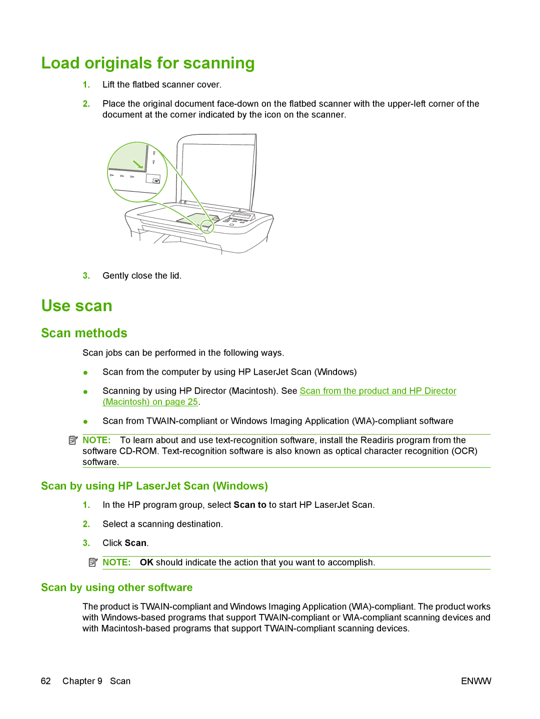 HP M1120 MFP manual Load originals for scanning, Use scan, Scan methods, Scan by using HP LaserJet Scan Windows 