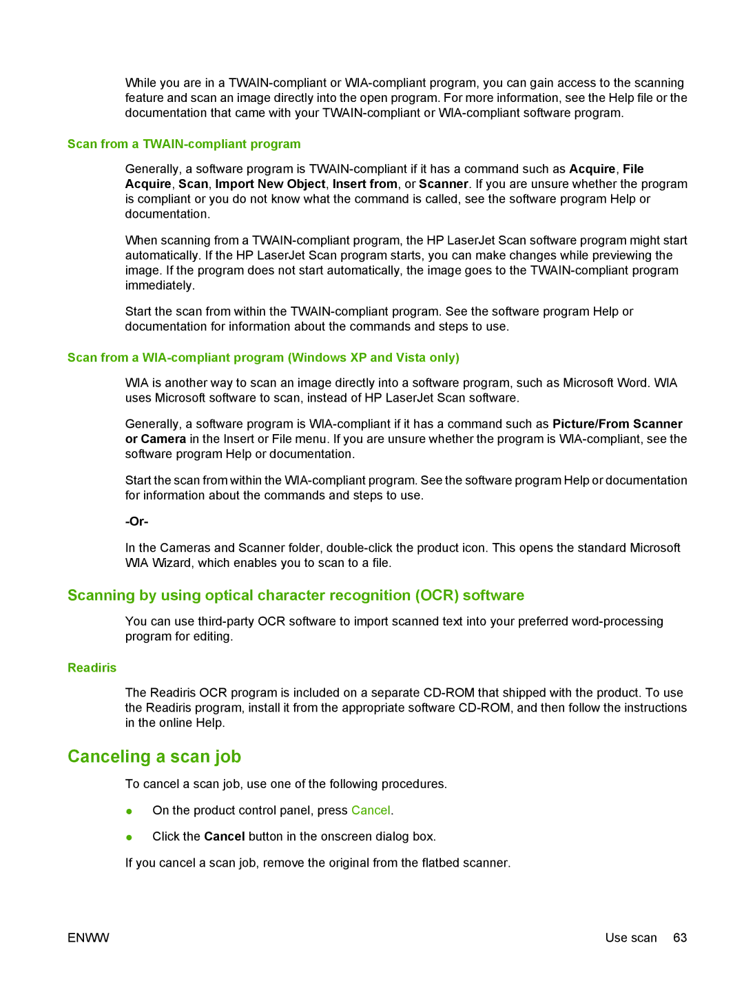 HP M1120 MFP manual Canceling a scan job, Scan from a TWAIN-compliant program, Readiris 