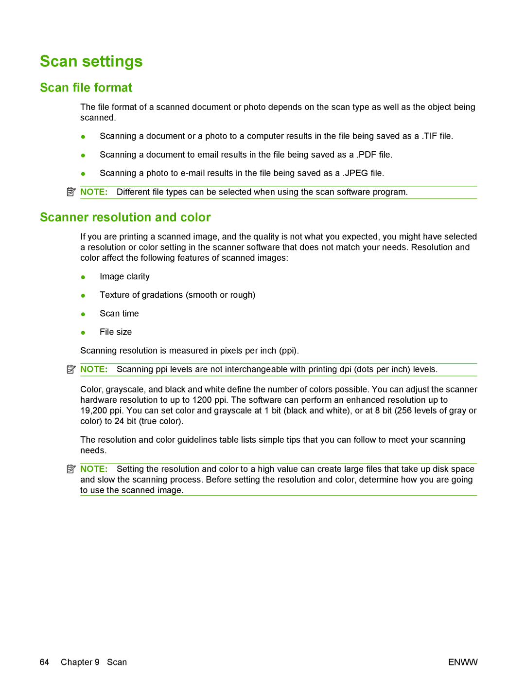 HP M1120 MFP manual Scan settings, Scan file format, Scanner resolution and color 