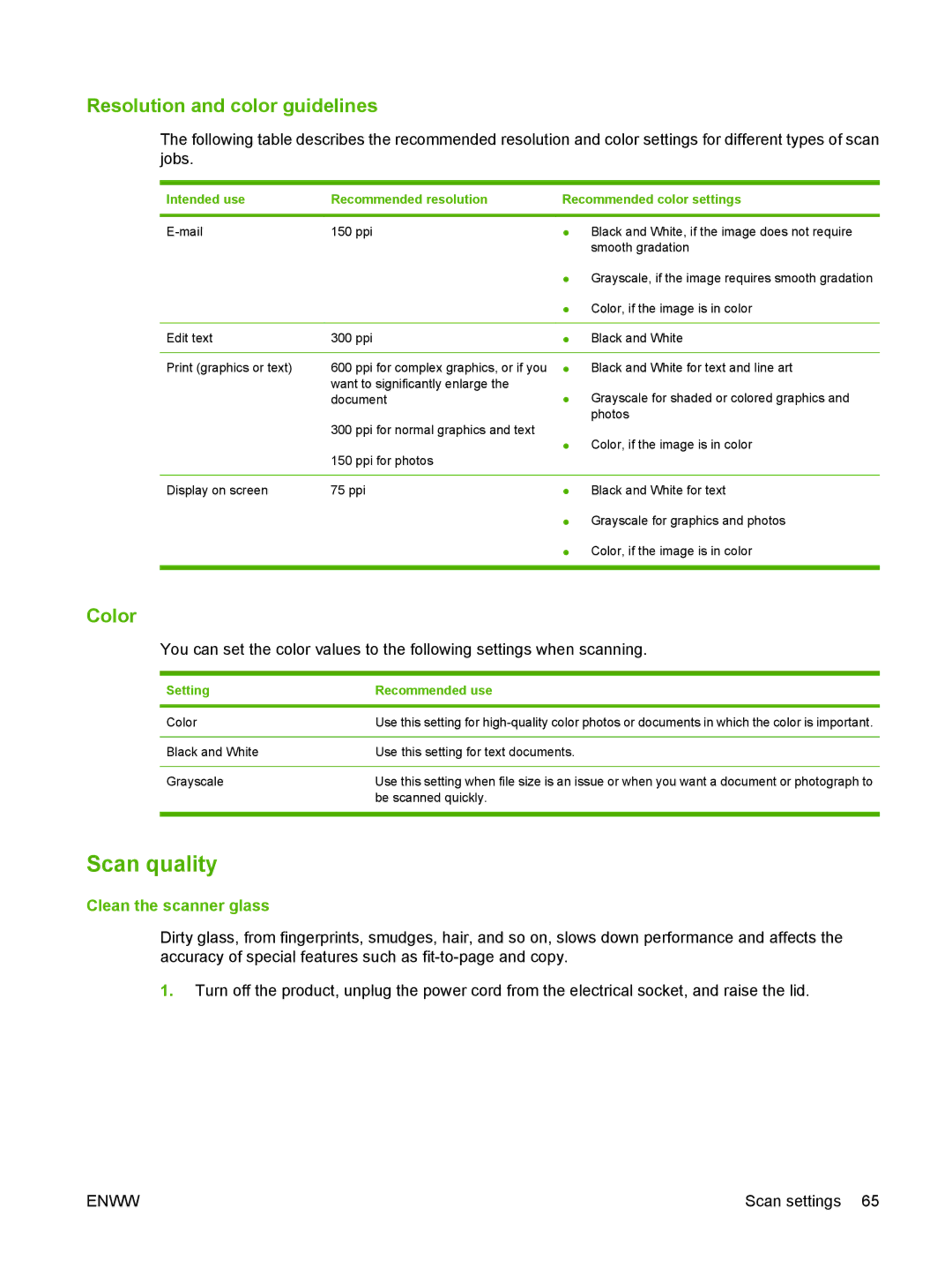 HP M1120 MFP manual Scan quality, Resolution and color guidelines, Color, Clean the scanner glass, Setting Recommended use 