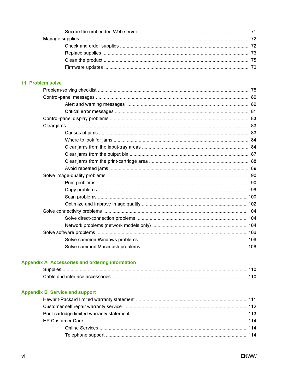 HP M1120 MFP manual Problem solve, Appendix a Accessories and ordering information, Appendix B Service and support 