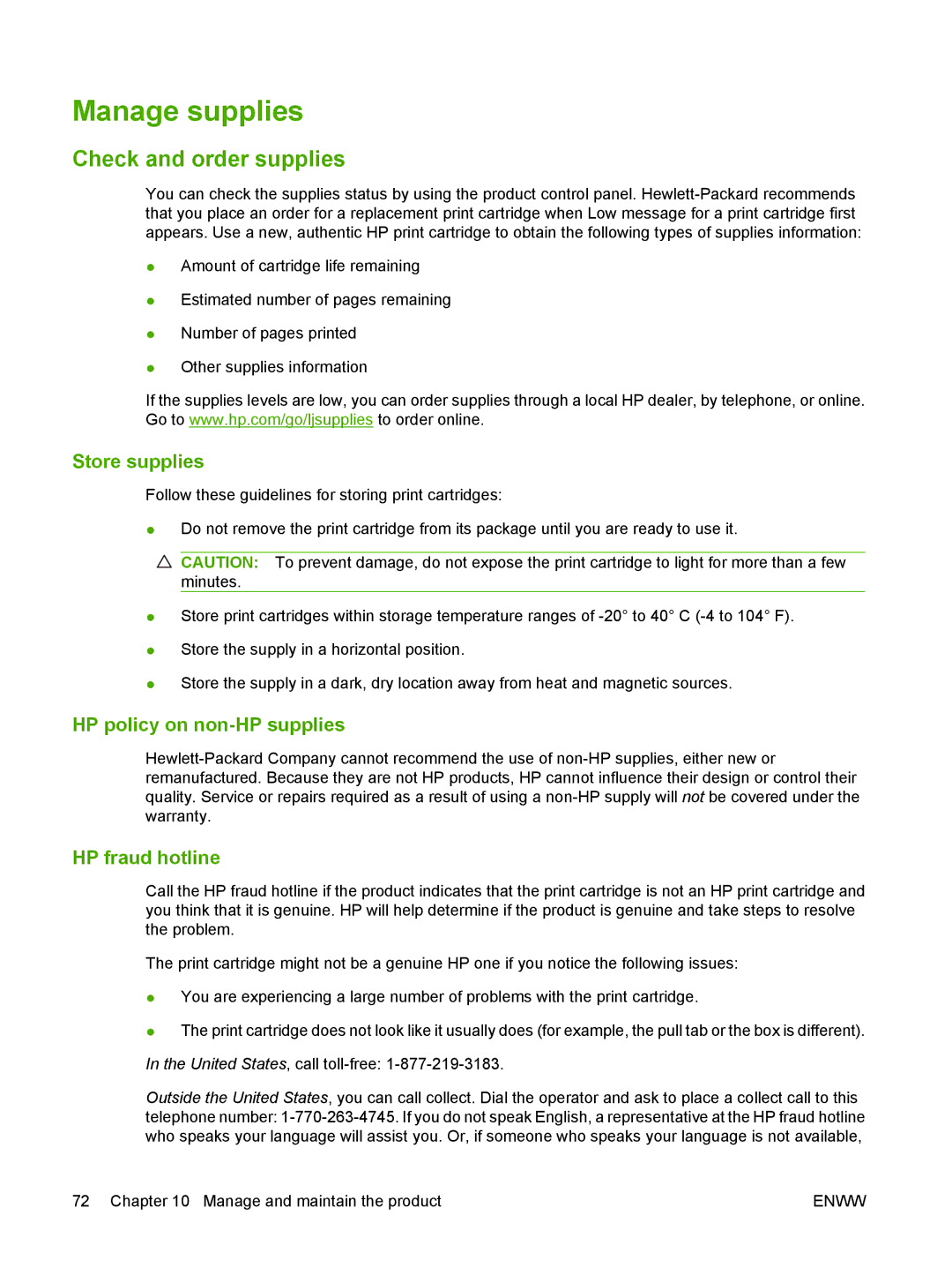 HP M1120 MFP Manage supplies, Check and order supplies, Store supplies, HP policy on non-HP supplies, HP fraud hotline 